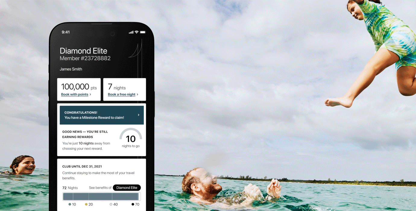Diamond Elite account management interface on phone screen, family playing in water