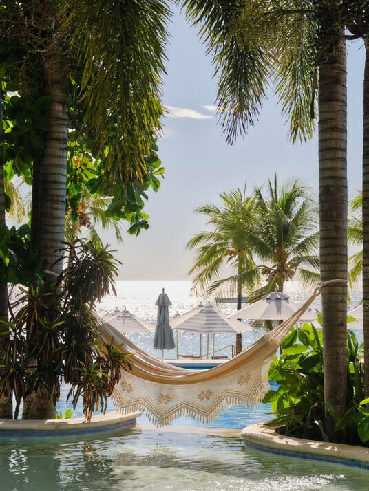 Dreamy white hammock among tropical foliage overlooking the ocean