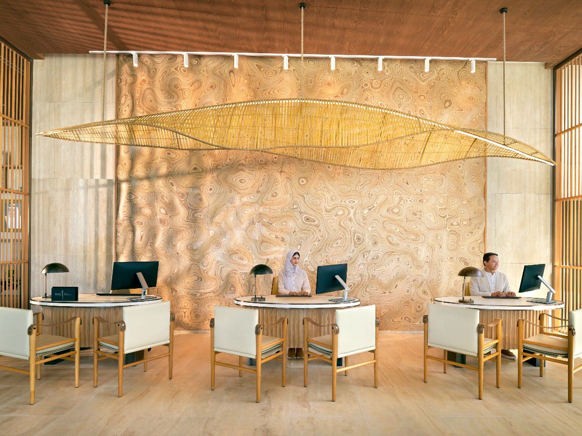 Luxury hotel reception with concierge desks
