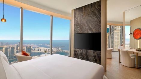 Bedroom on a high floor with Dubai city view at Ciel Dubai Marina, Vignette Collection
