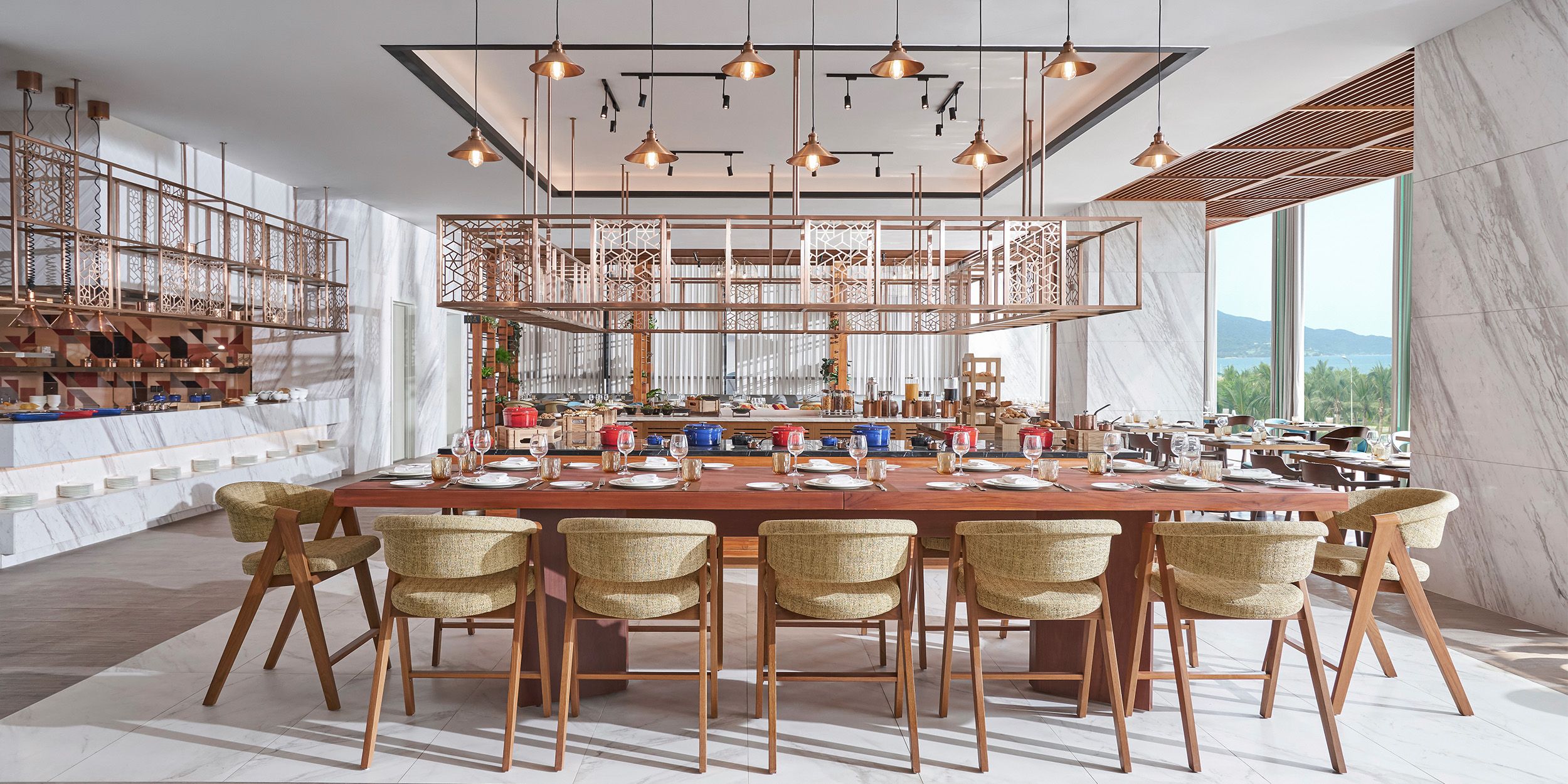 Dining table set for guests with window view