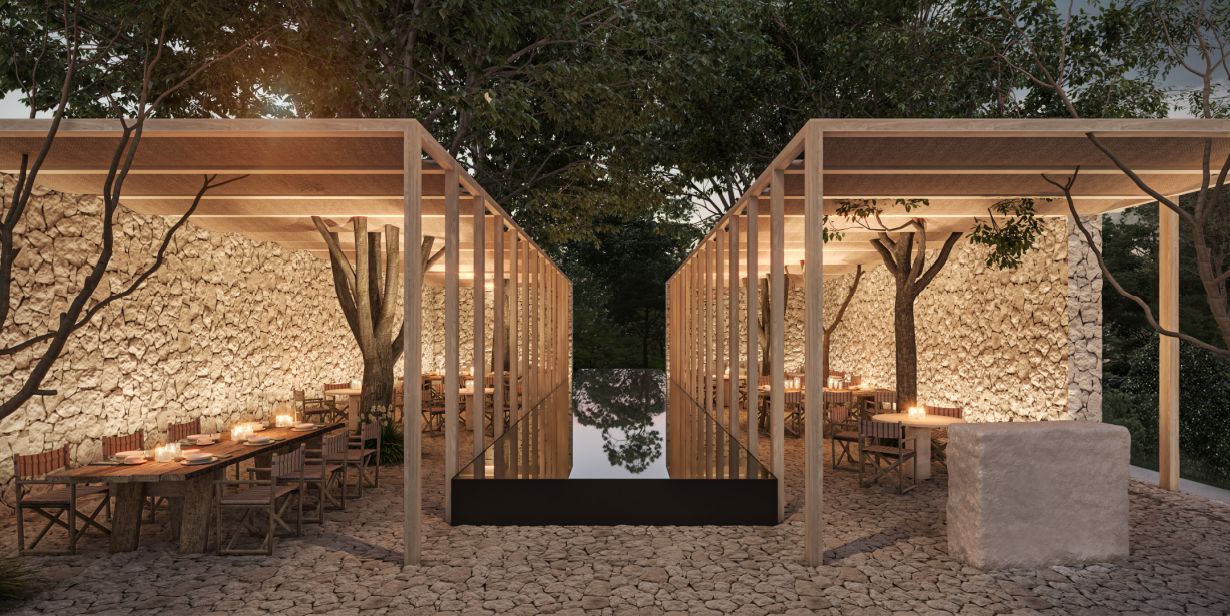 Outdoor dining venue with candlelit tables and stone facade