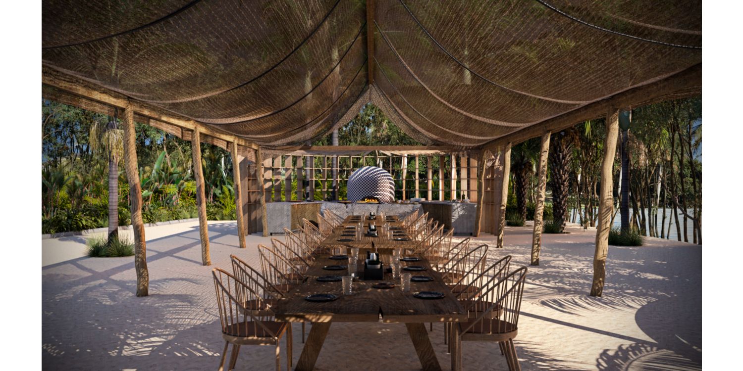 Outdoor dining venue surrounded by palm trees