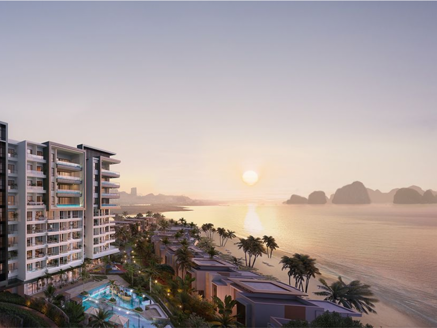 Outside view of hotel and beach at sunset