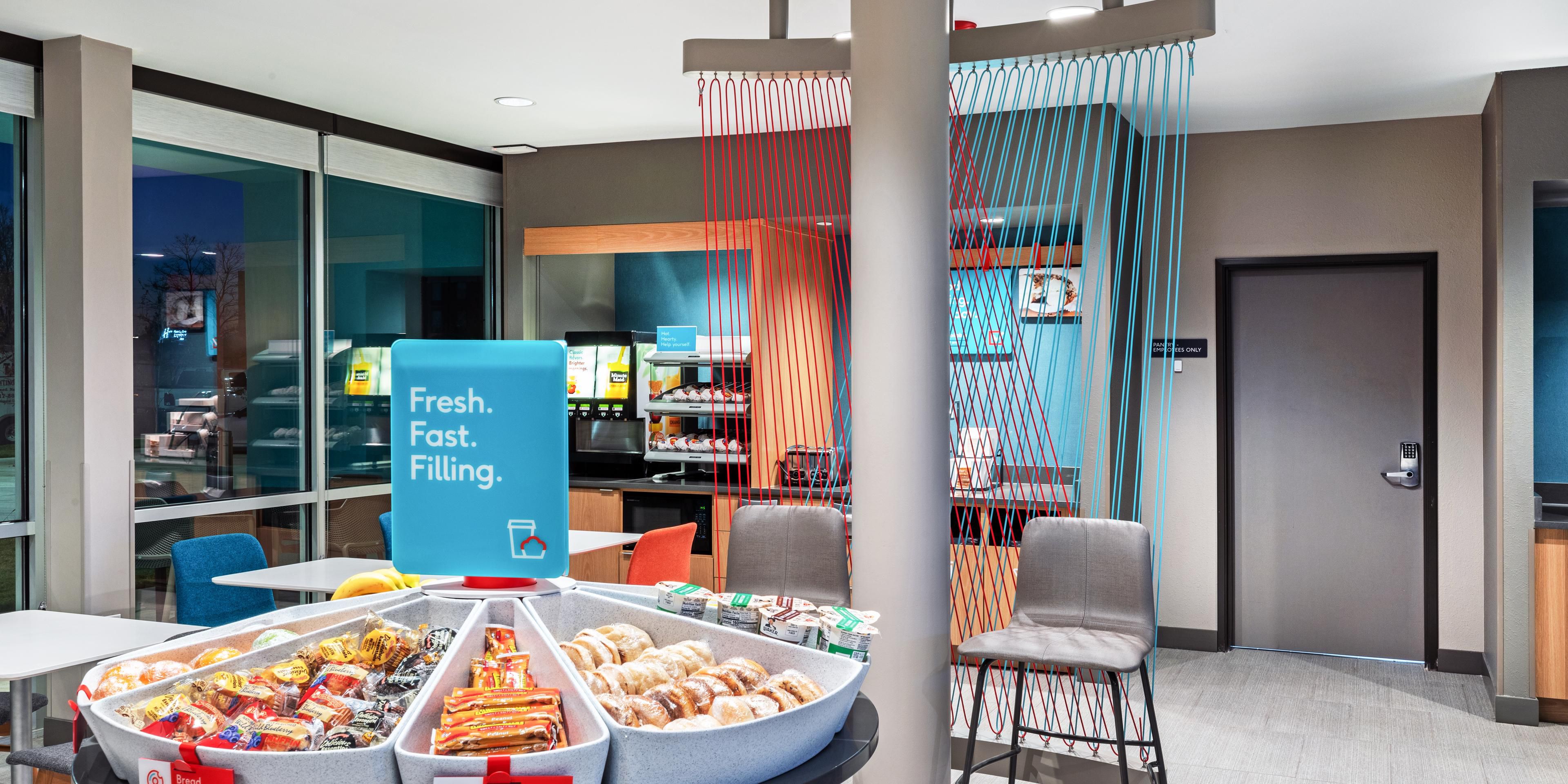 Start your day with our complimentary grab-and-go breakfast. Enjoy a selection of hot and cold items featuring yogurt, fresh fruit, bakery treats, sliced bread, cereal, and oatmeal, all available from 6:30 AM to 9:30 AM. Savor our freshly ground premium coffee, available 24/7 in the lobby to fuel your day!
