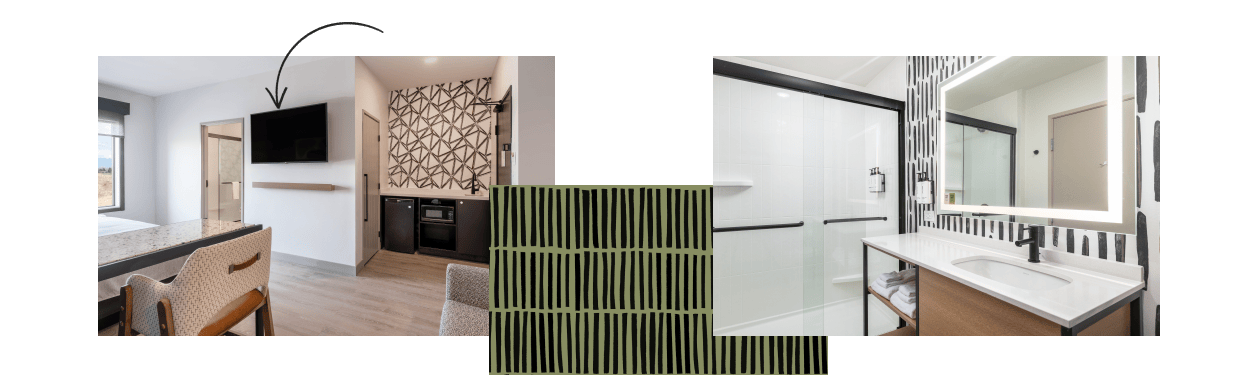 Collage showing a modern hotel suite with a living area, kitchenette and bathroom.