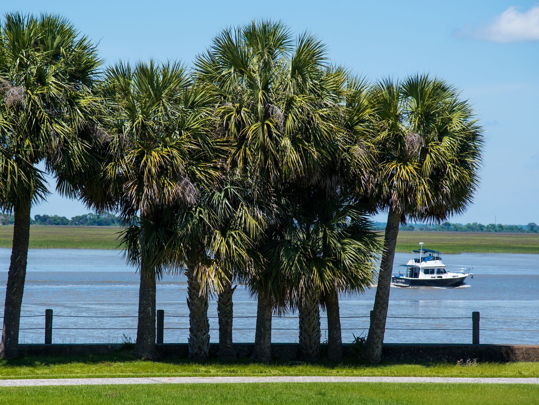 View of boat in water on island