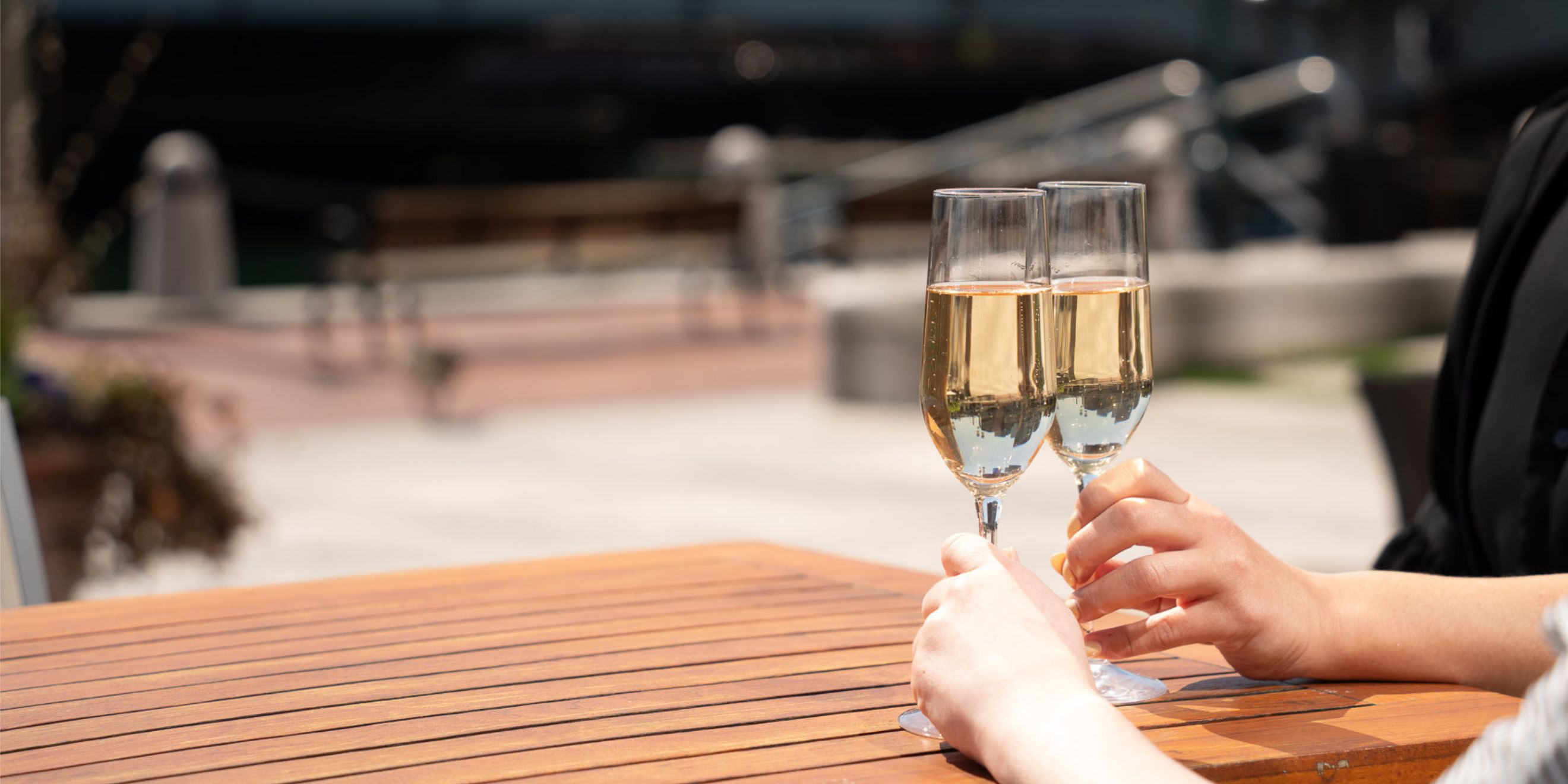 Two guests hold glasses of sparkling wine at a waterfront table, with marina docks and boats softly blurred in the background on a sunny day.