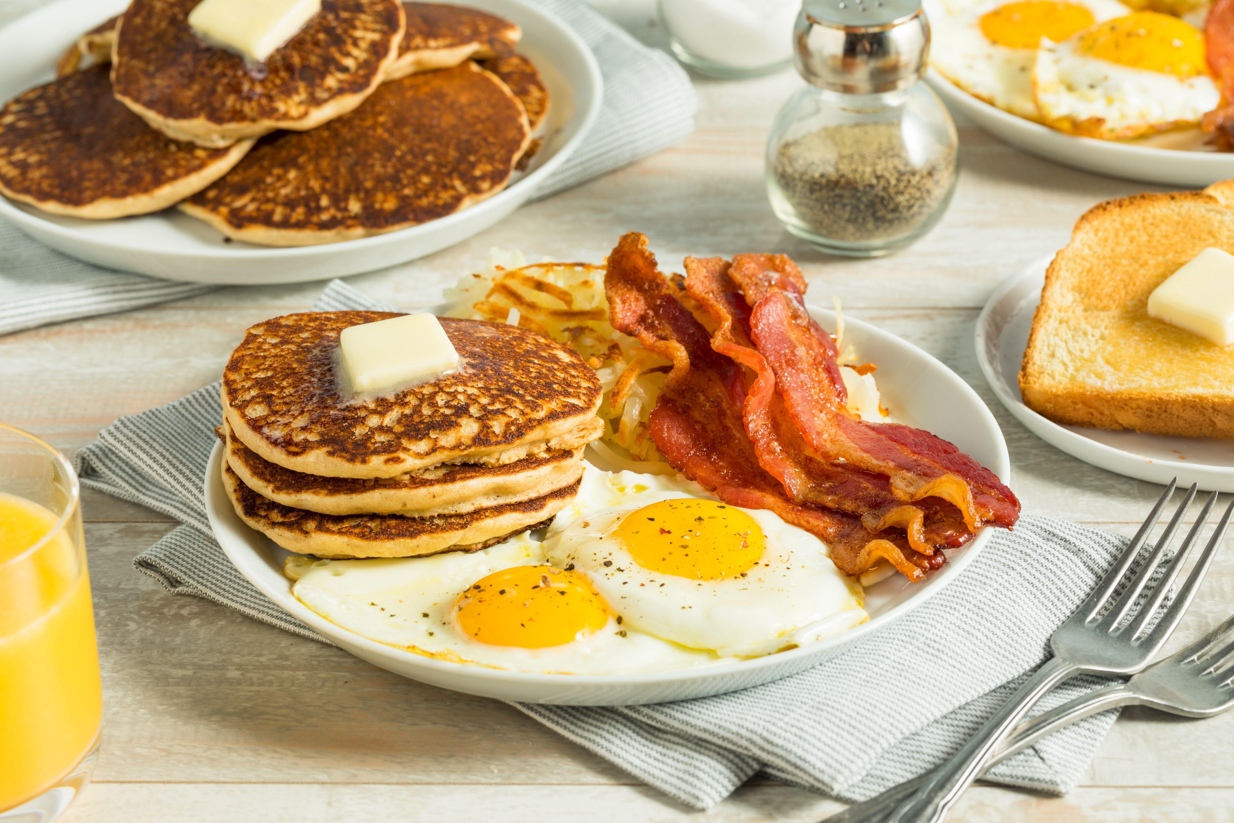Pancakes, eggs, and bacon.
