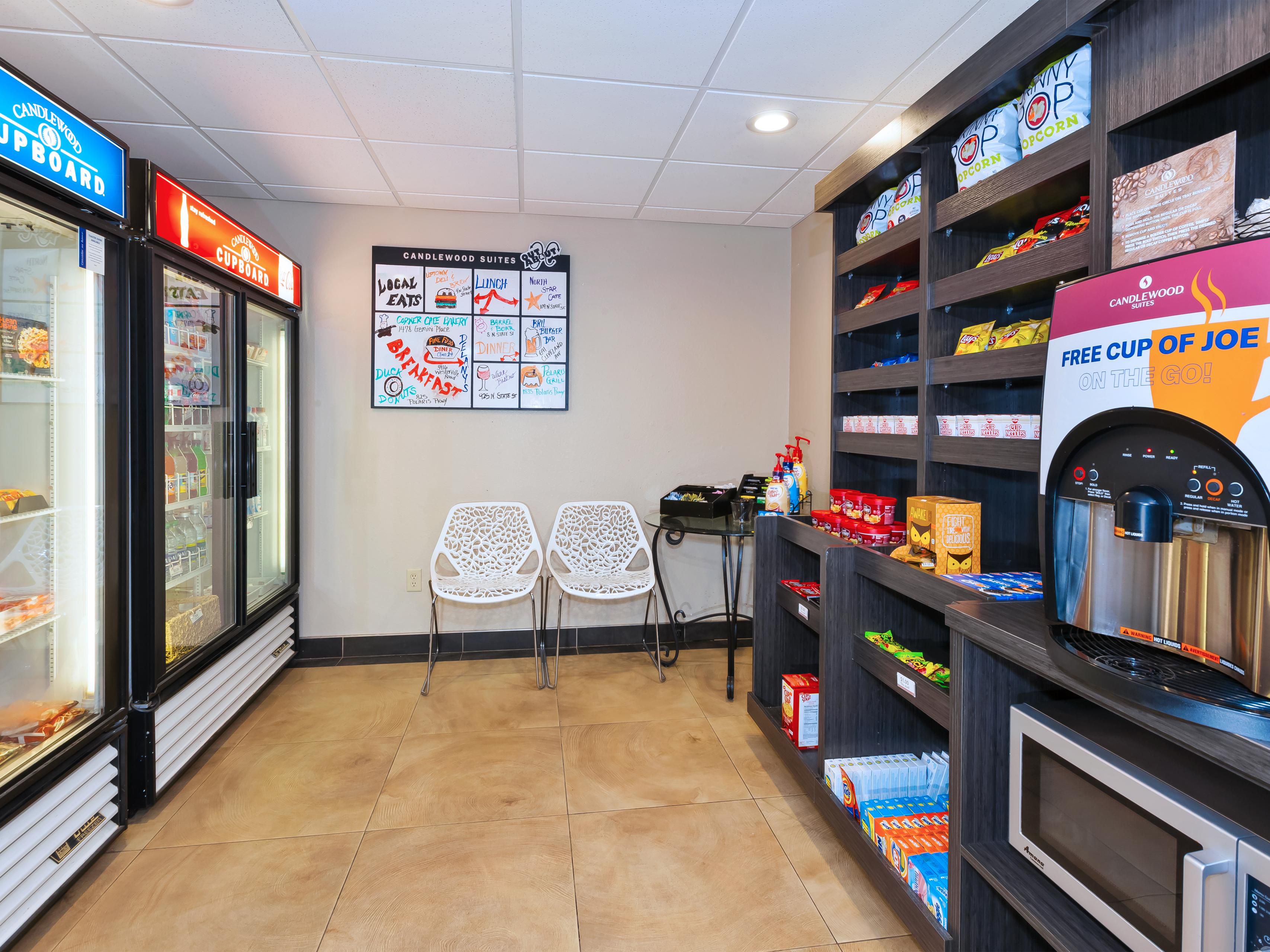 Free morning coffee? Check. Late-night sweet tooth? Check. Breakfast, lunch and dinner items 24-hours a day.