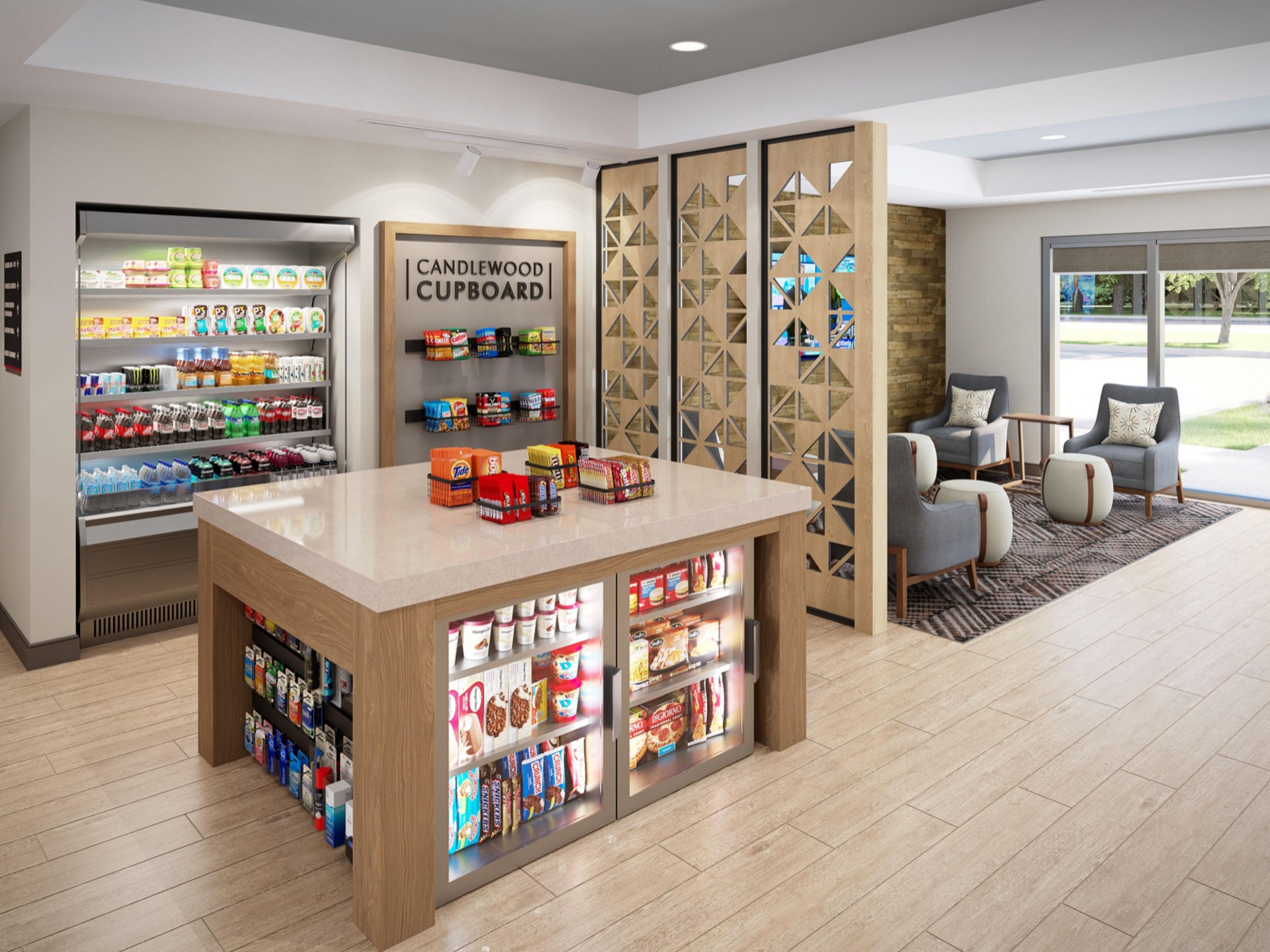 Food basics are available in the Candlewood Cupboard in our lobby for you to stock up on easy-to-prepare meals and snacks for your room. Each suite has a full-size refrigerator for you to store your goods.
