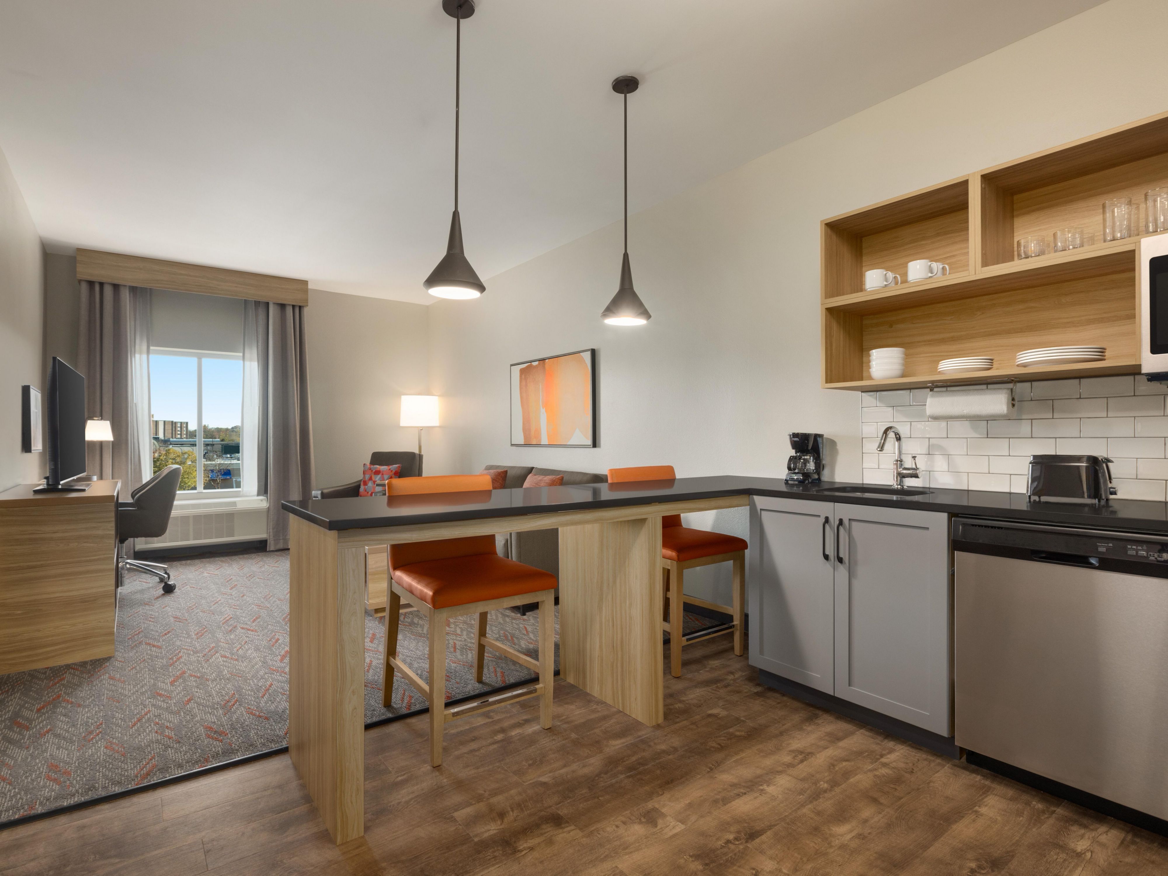 All suites have a fully equipped kitchen for your convenience including a stove, full-size refrigerator, microwave, dishwasher, cooking and dining utensils and ample counter space.