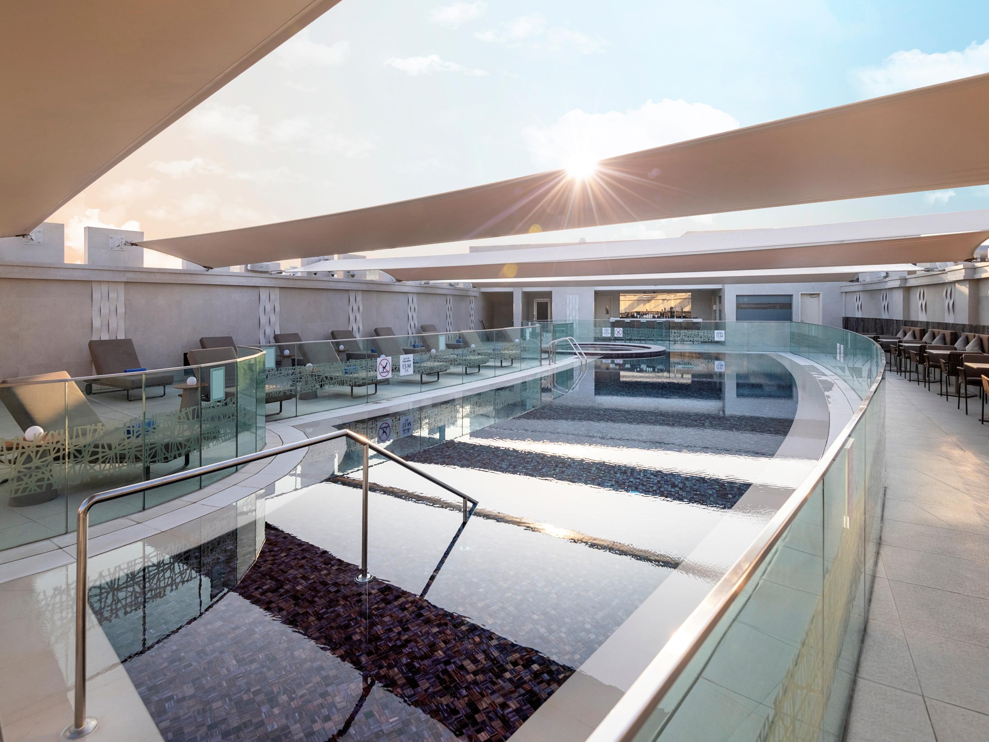 Take a dip in our rooftop swimming pool and open-air hot tub