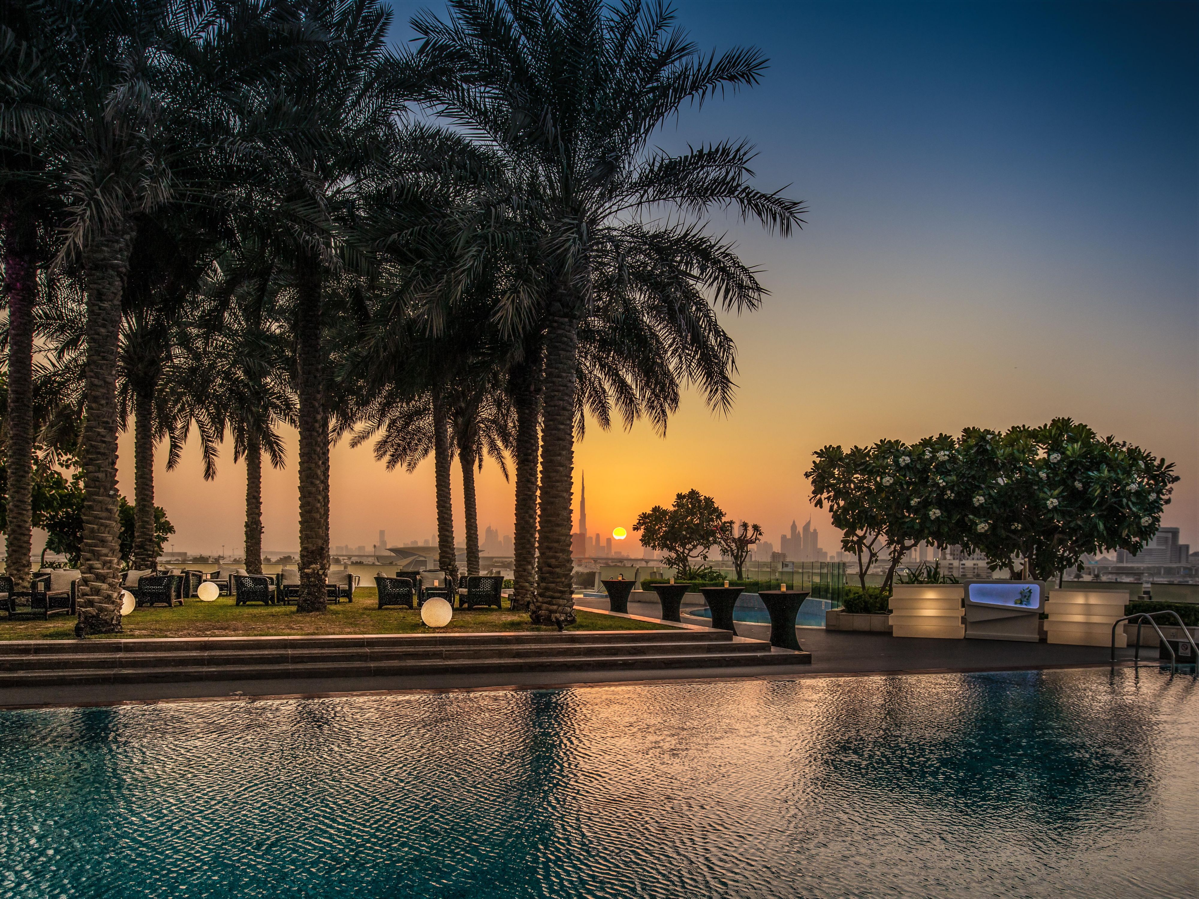 Enjoy great Dubai skyline sunset views from 25 meter pool