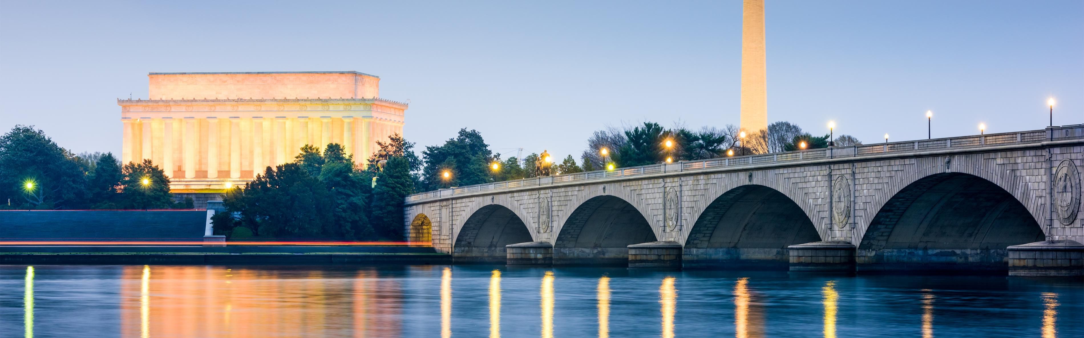 Experience the stunning night view of memorials from the Potomac