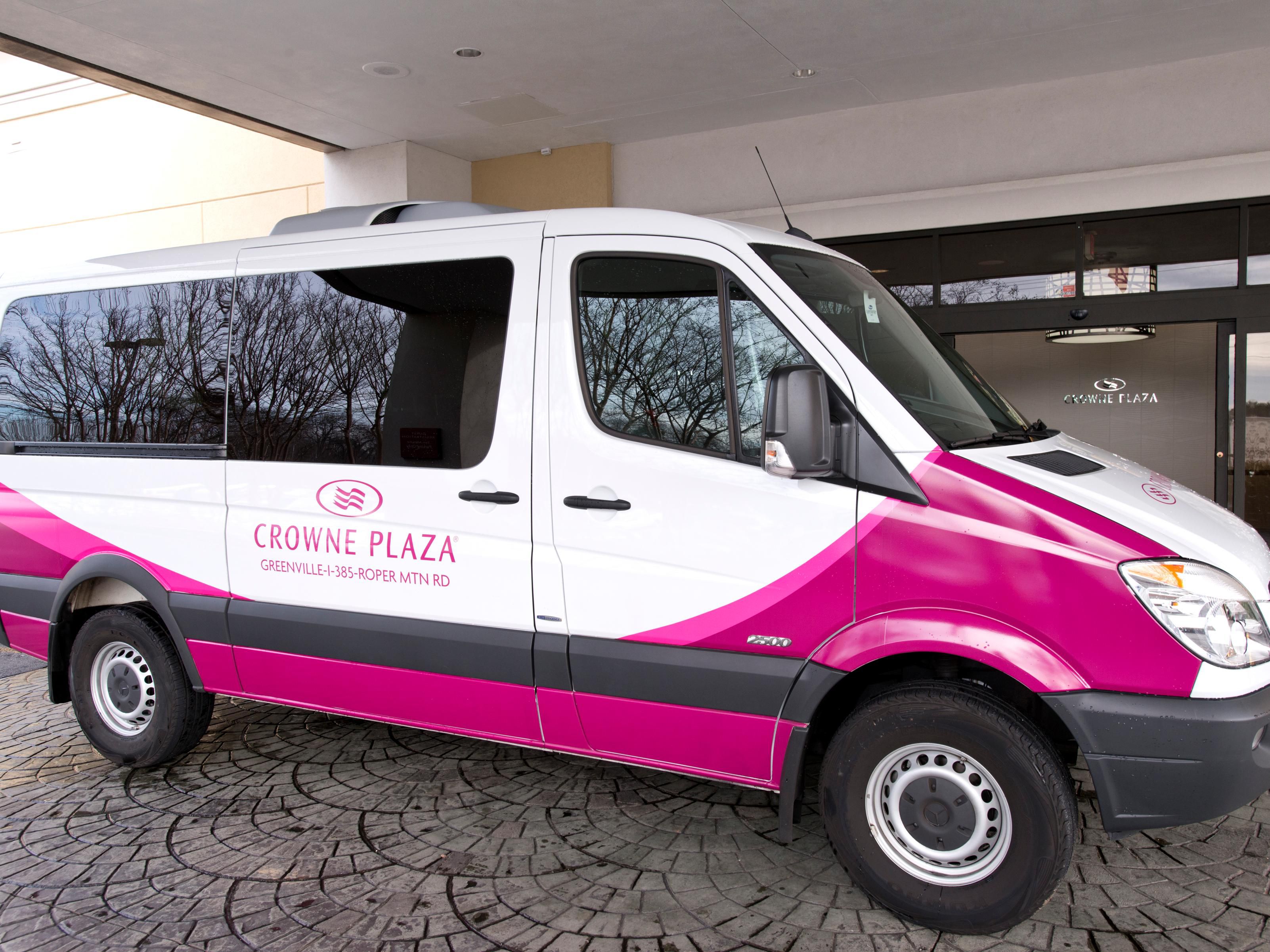 Getting around has never been easier. Crowne Plaza® Greenville provides free airport shuttle service to and from Greenville-Spartanburg International Airport (GSP), as well as GMU and GYH airports. Our shuttle will also drive guests anywhere within a five-mile radius of our hotel, including downtown Greenville. Plus, guests enjoy free parking.