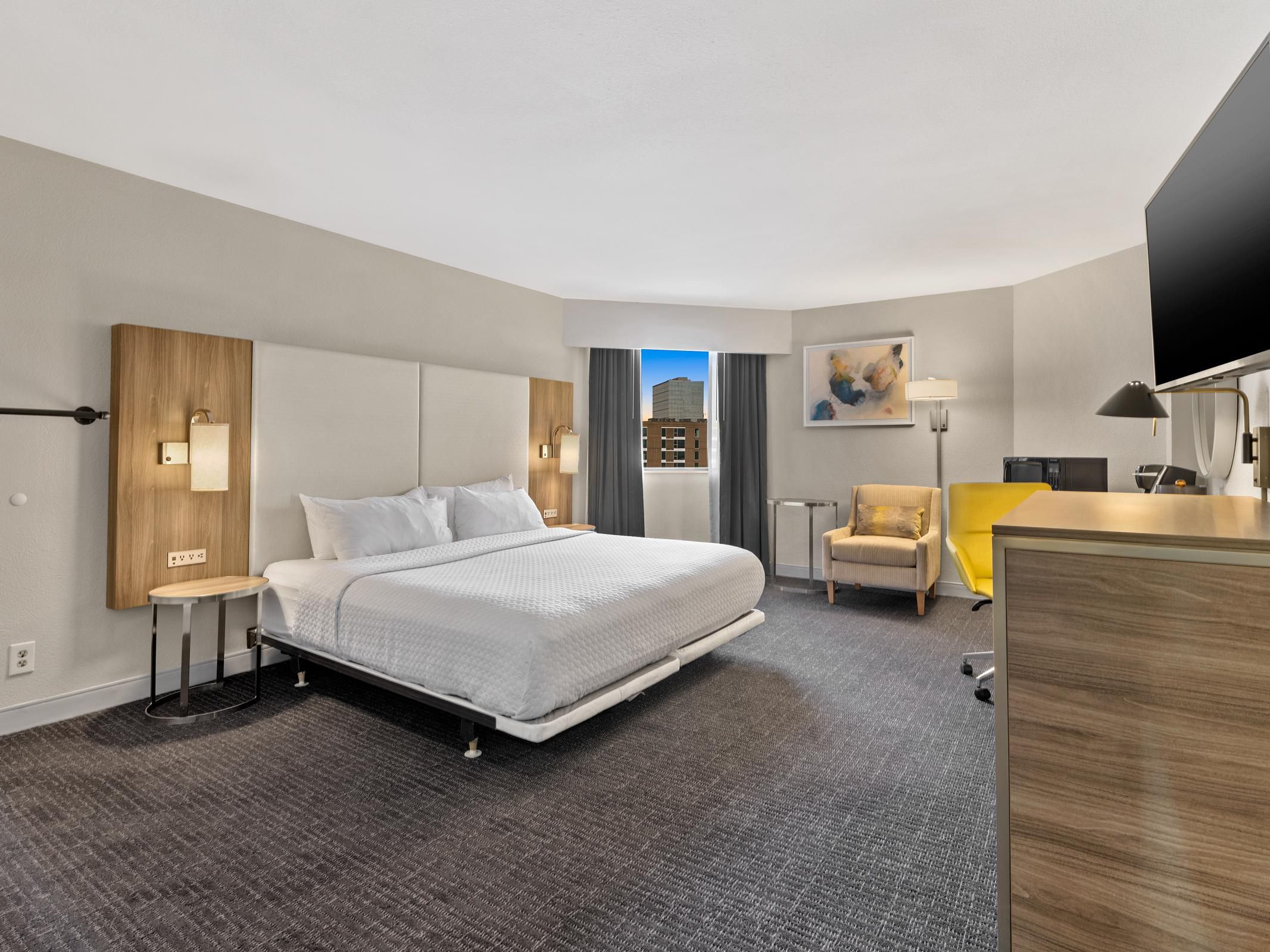 Experience ultimate comfort in our newly renovated rooms. Each room is designed for a work-life balance featuring contemporary decor, premium bedding, free Wi-Fi, a mini-refrigerator, microwave, coffee maker, and a spacious work desk. Enjoy a restful and productive stay in Houston!