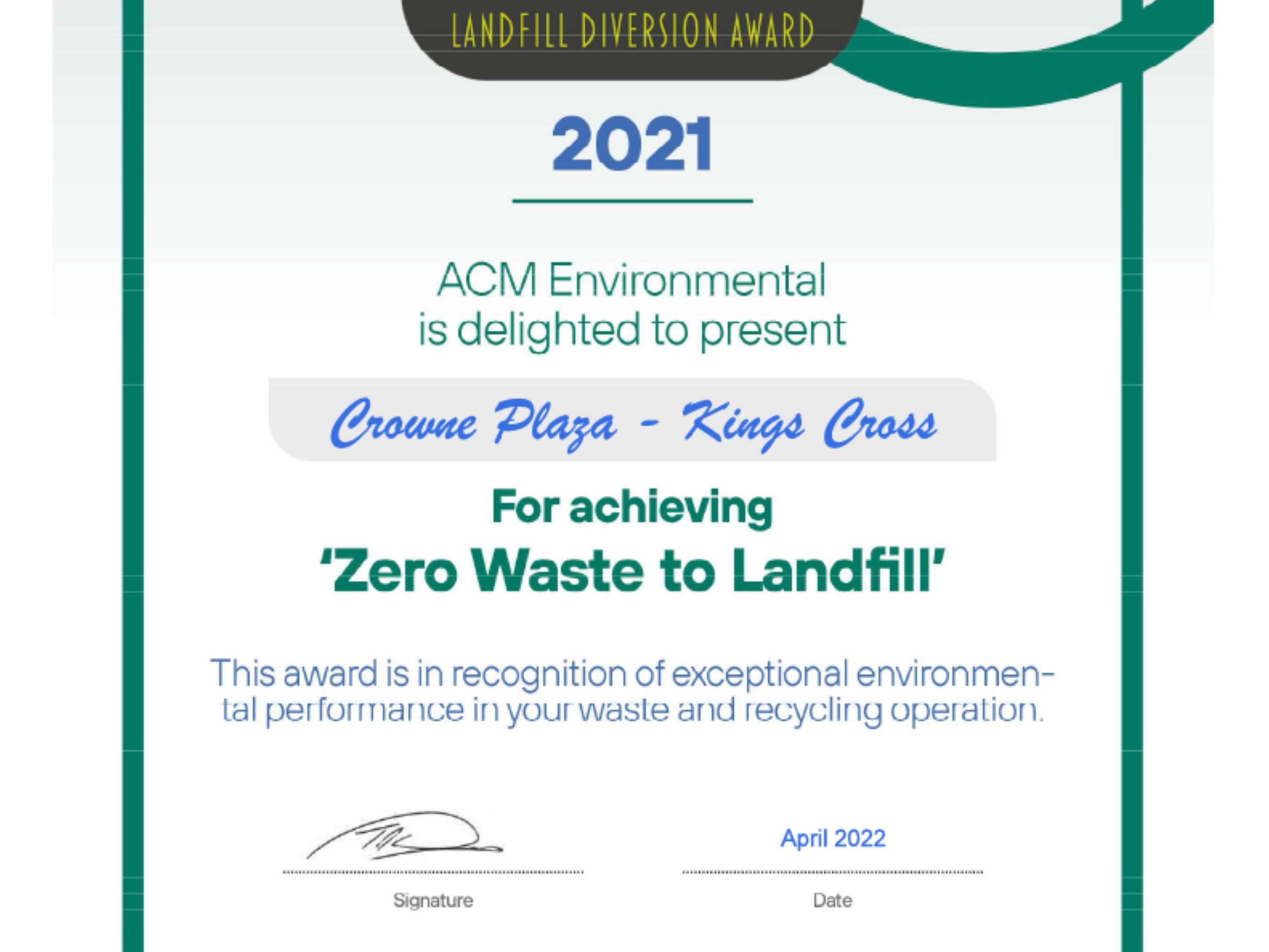 Crowne Plaza London - Kings Cross is proud to share we have been awarded the "Greener Path Landfill Diversion Award" for 2021, by ACM Environmental. This award recognises the exceptional environmental performance of our hotel in waste and recycling operation.