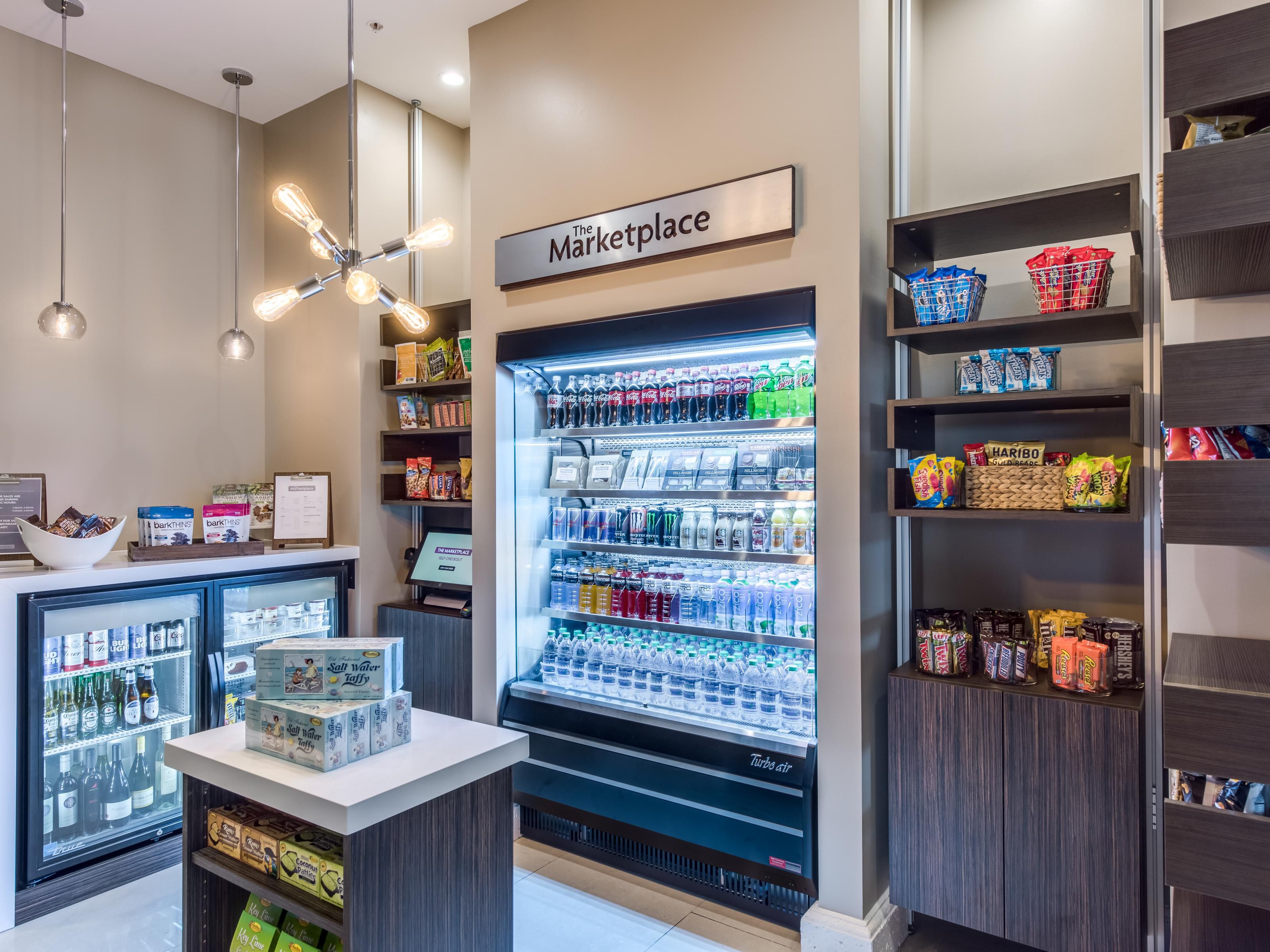 No spare change? Don't worry we don't have vending machines either but we do have The Marketplace. Here you can grab your favorite snacks or beverages and charge it straight to your room or credit card. So snack away 24-hours a day! 