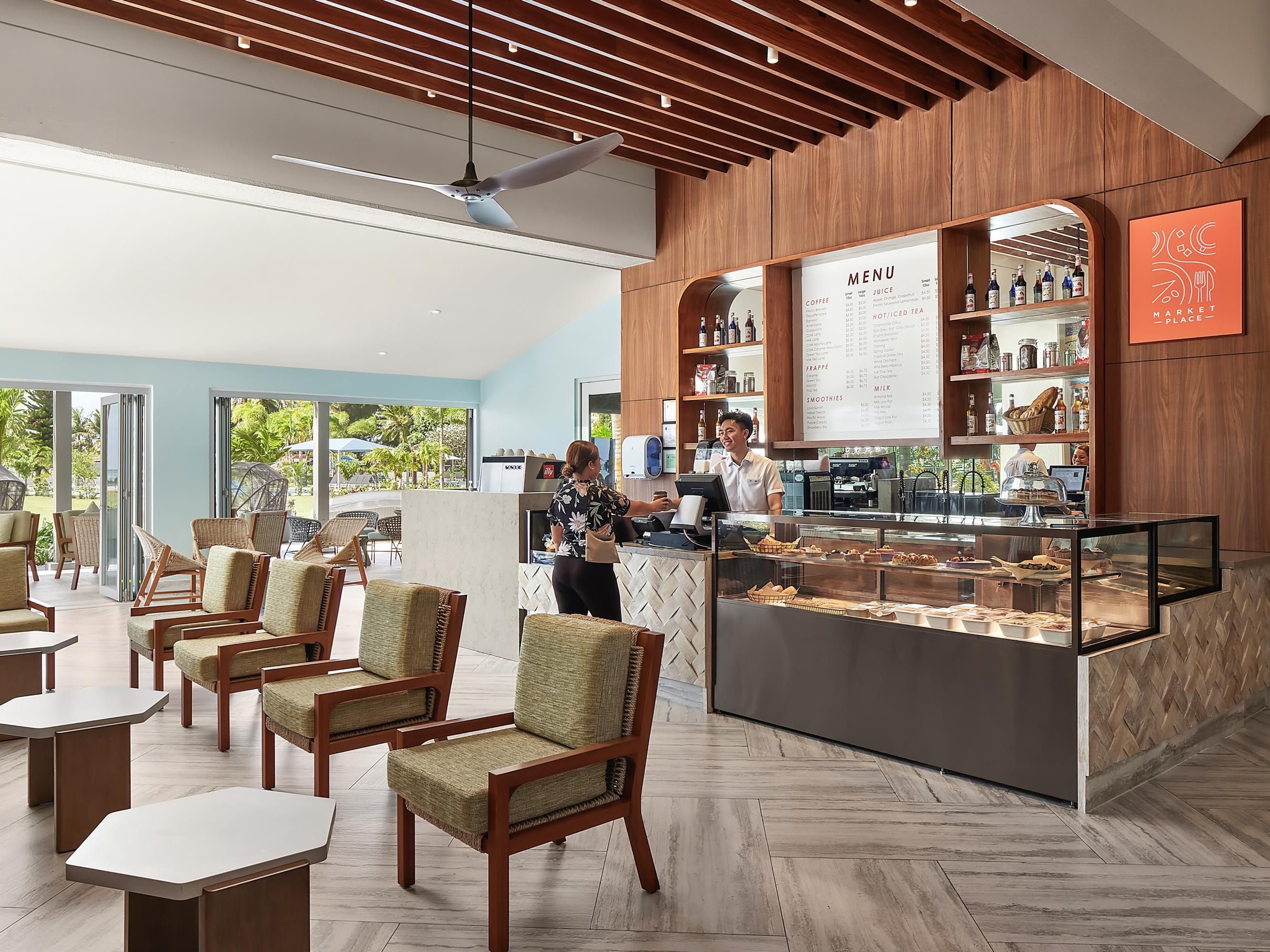 Fresh baked pastries, cakes, salads, sandwiches, healthy options and 'must try' gelato are all on offer at Market Place. On the beverage menu, you'll find a range of cold and hot drinks including freshly brewed coffee and tasty milkshakes.