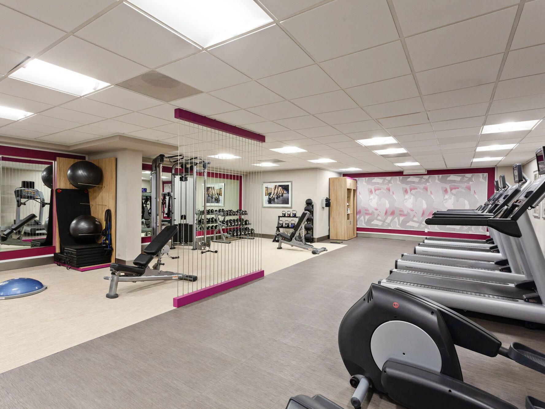 Our fitness center includes several Treadmills with individual TVs, Elliptical Machines, Rowing Machine, Bicycles as well as dumbbells, kettle balls, Bosu balls and more!