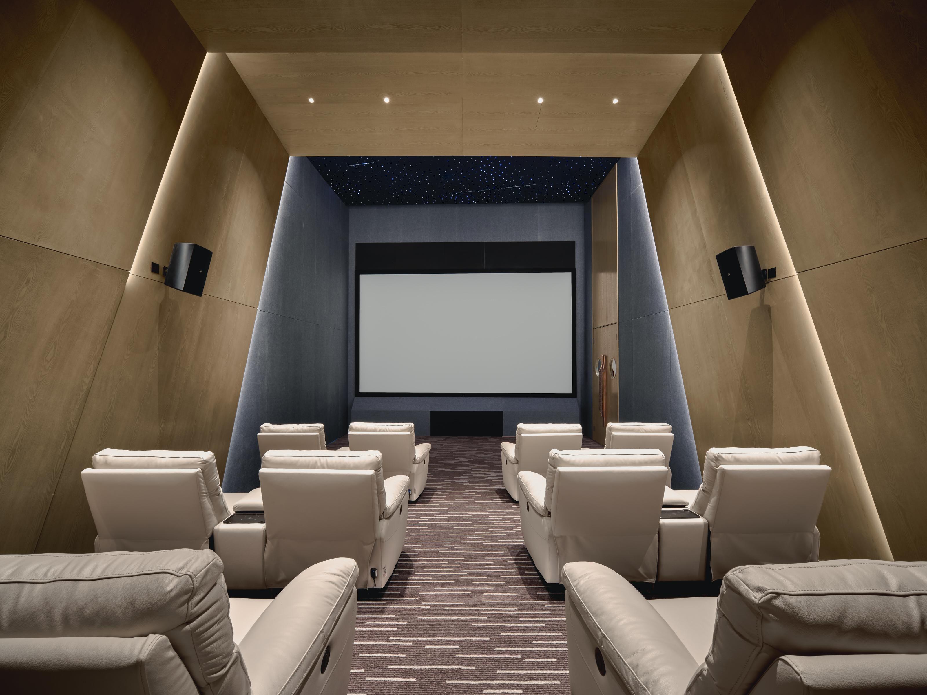 Experience ultimate relaxation in our private cinema, featuring first-class leather electric recliners similar to those found in airport lounges.