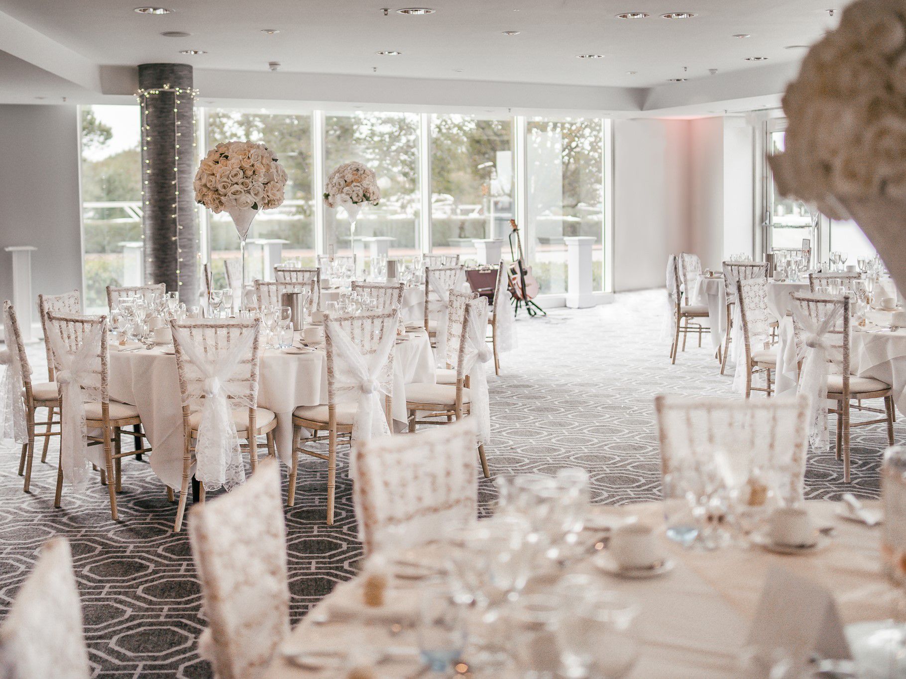 Banquet room dressed up for a wedding