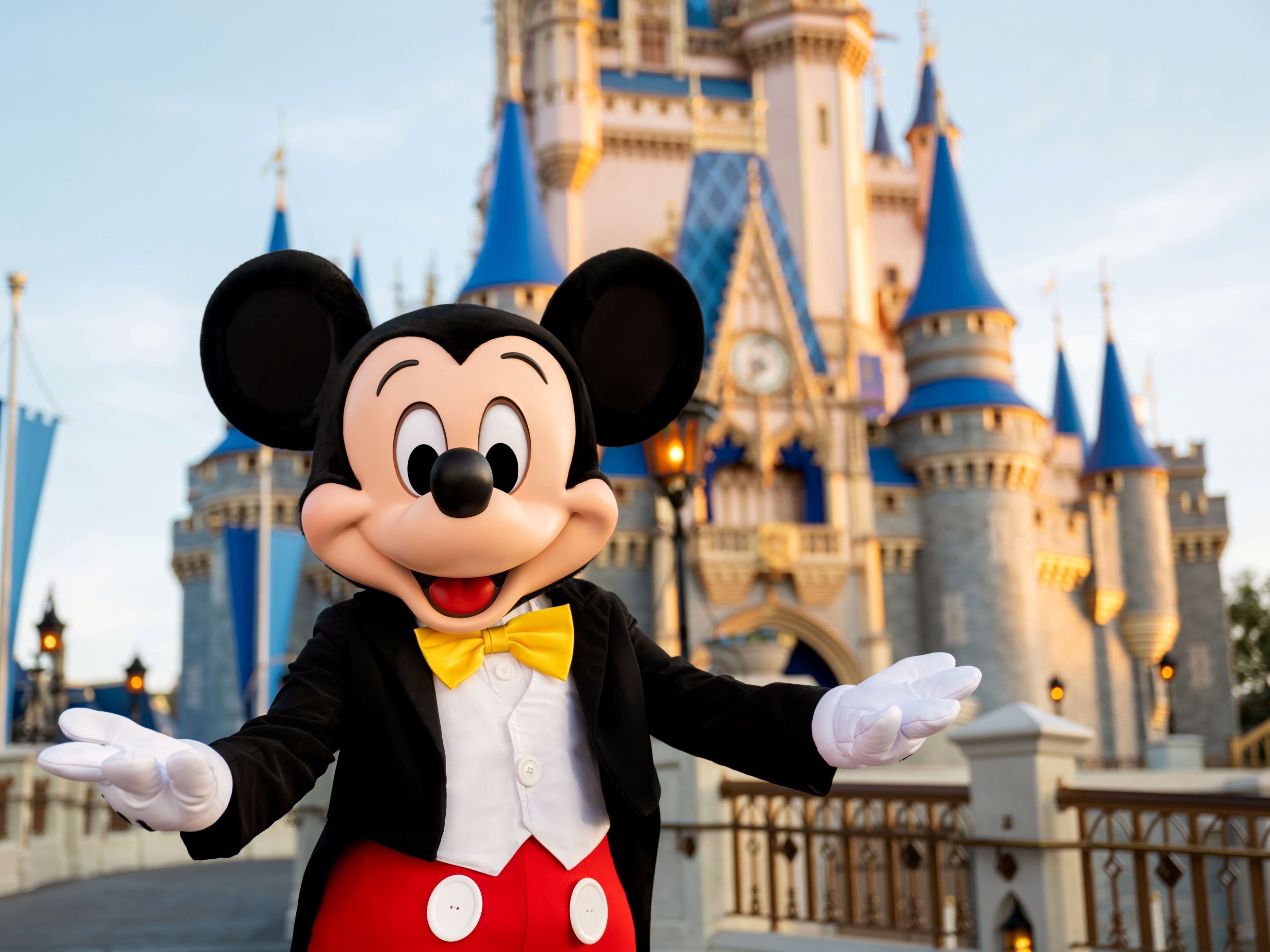 Mickey Mouse standing in front of Disney castle