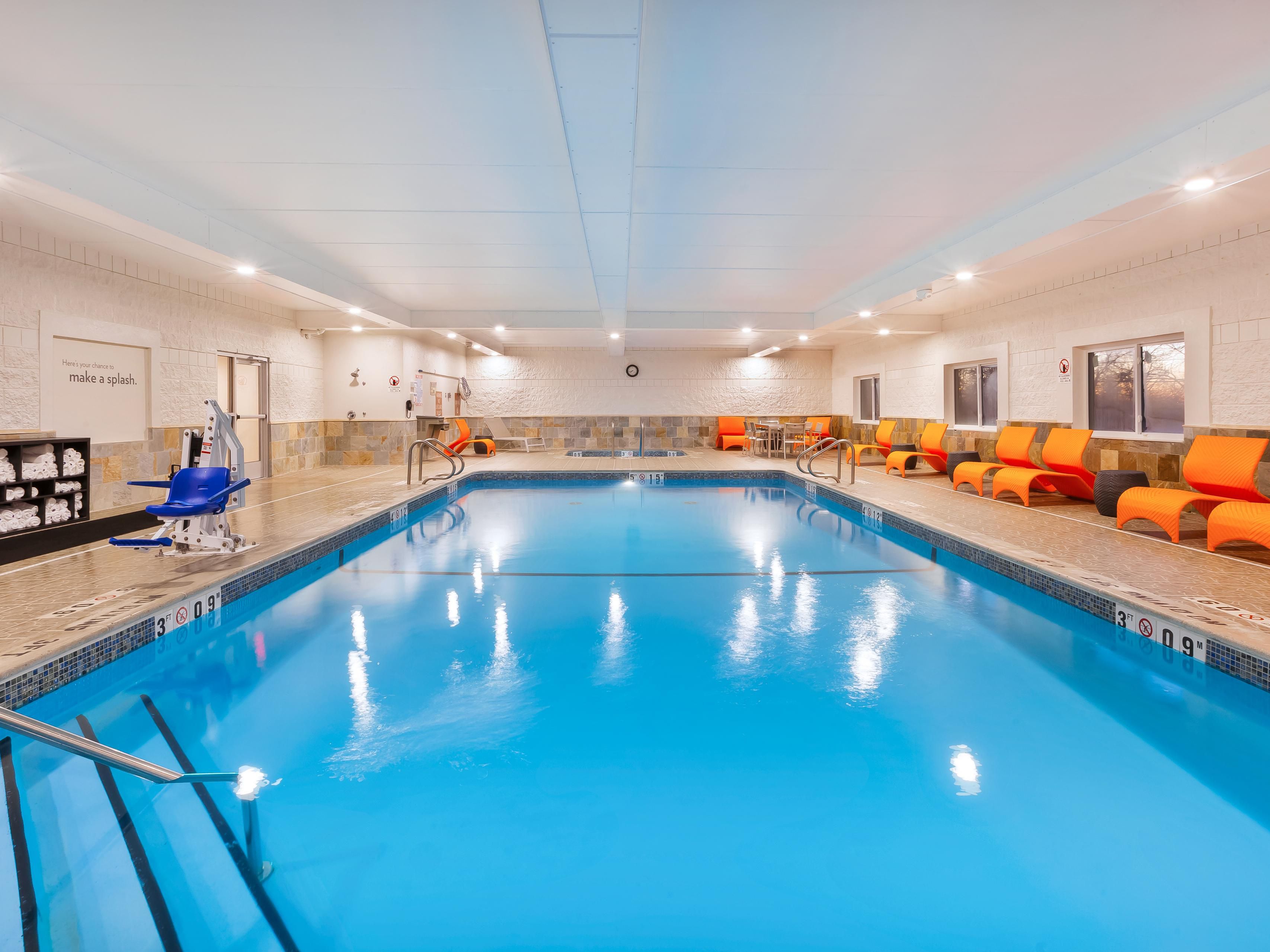 Make a splash in our heated indoor pool, soak in our whirlpool hot tub, or relax poolside in comfortable lounge chairs. Whether you take a morning dip or an evening swim, our inviting pool offers a relaxing getaway. Hours of Operation: 6:00 AM - 11:00 PM