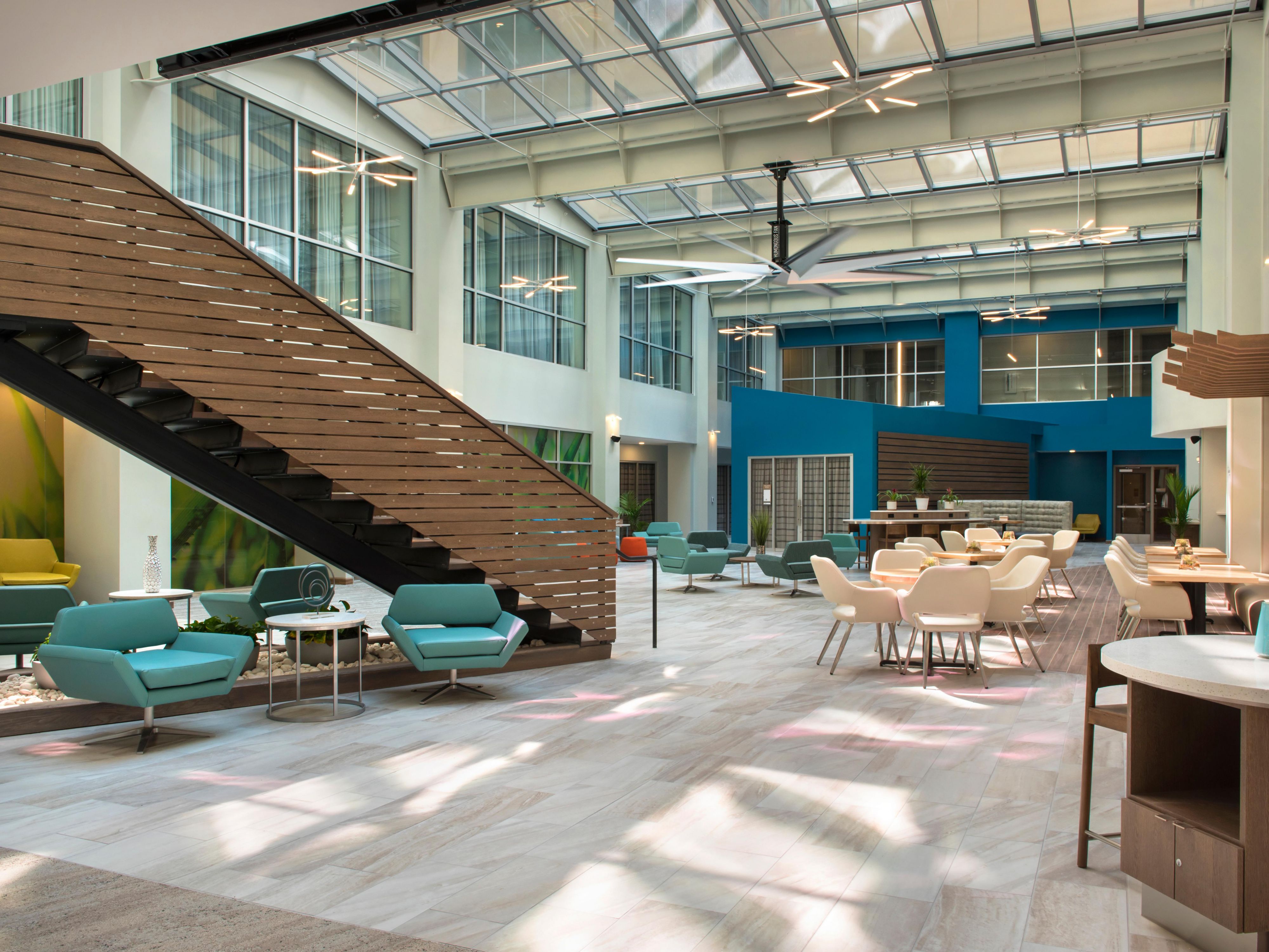 The lobby is a beautiful glass atrium.
