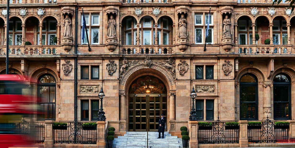 exterior facade with elaborate stonework of historic fitzroy hotel in london