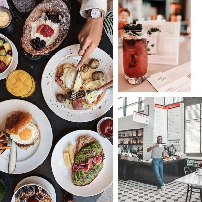 由令人垂涎欲滴的早餐主菜、一个男人喝着一杯咖啡，还有一杯加了薄荷和蓝莓的起泡饮料组成的马赛克图。