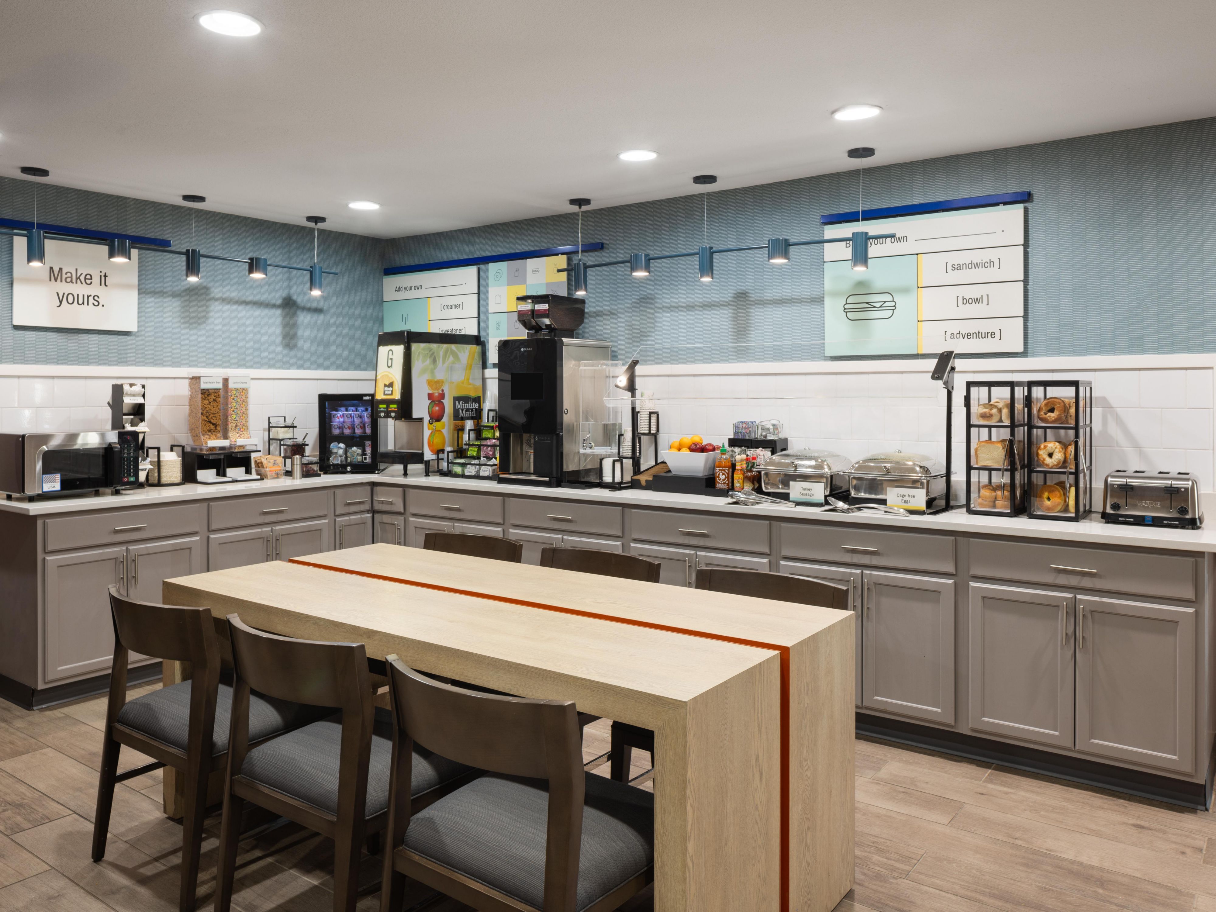 Start your day your way with our customizable breakfast bar. Enjoy a savory egg bowl or a sweet cinnamon roll to fuel your adventures in Surprise, AZ. Dine in or take it to go—whatever suits your morning vibe. Best of all? It’s always free, always delicious, and always made for you.