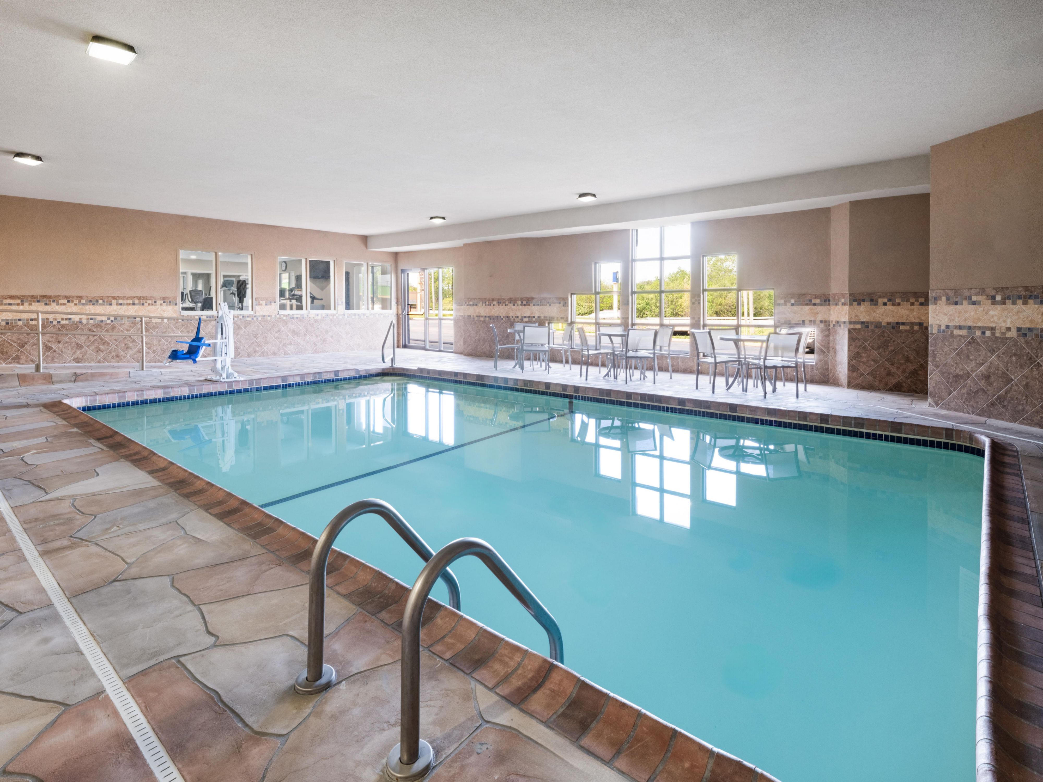 Float away the stress of your day in our heated indoor pool. Or join the kids for a splash sash. Or sit poolside with a favorite book. While you’re here with us, consider our Kansas oasis yours from 9:00 AM to 10:00 PM every day. Swim on!