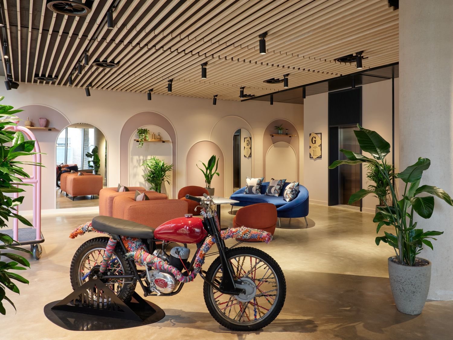 cotton motorcycle in hotel lobby