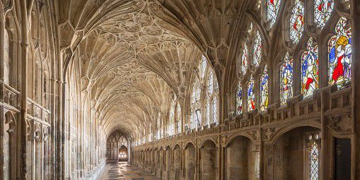 Gloucester cathedral showcasing beautiful architecture and stained glass windows