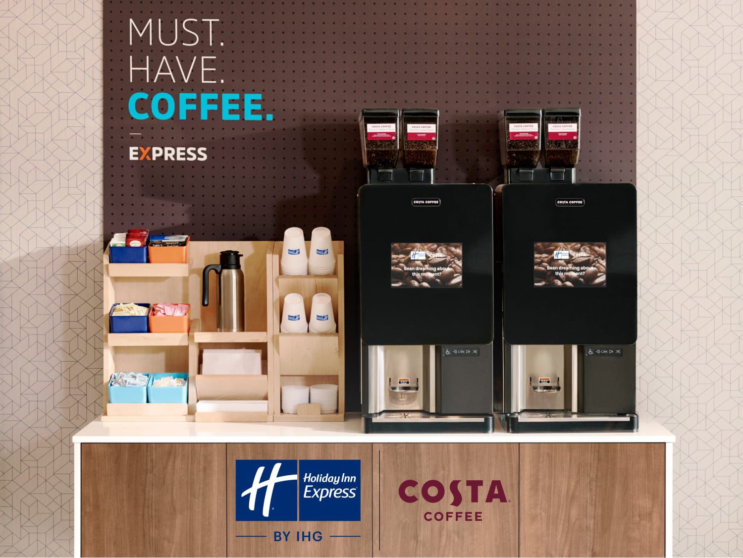 Coffee station with Costa bean-to-cup machines at a Holiday Inn Express