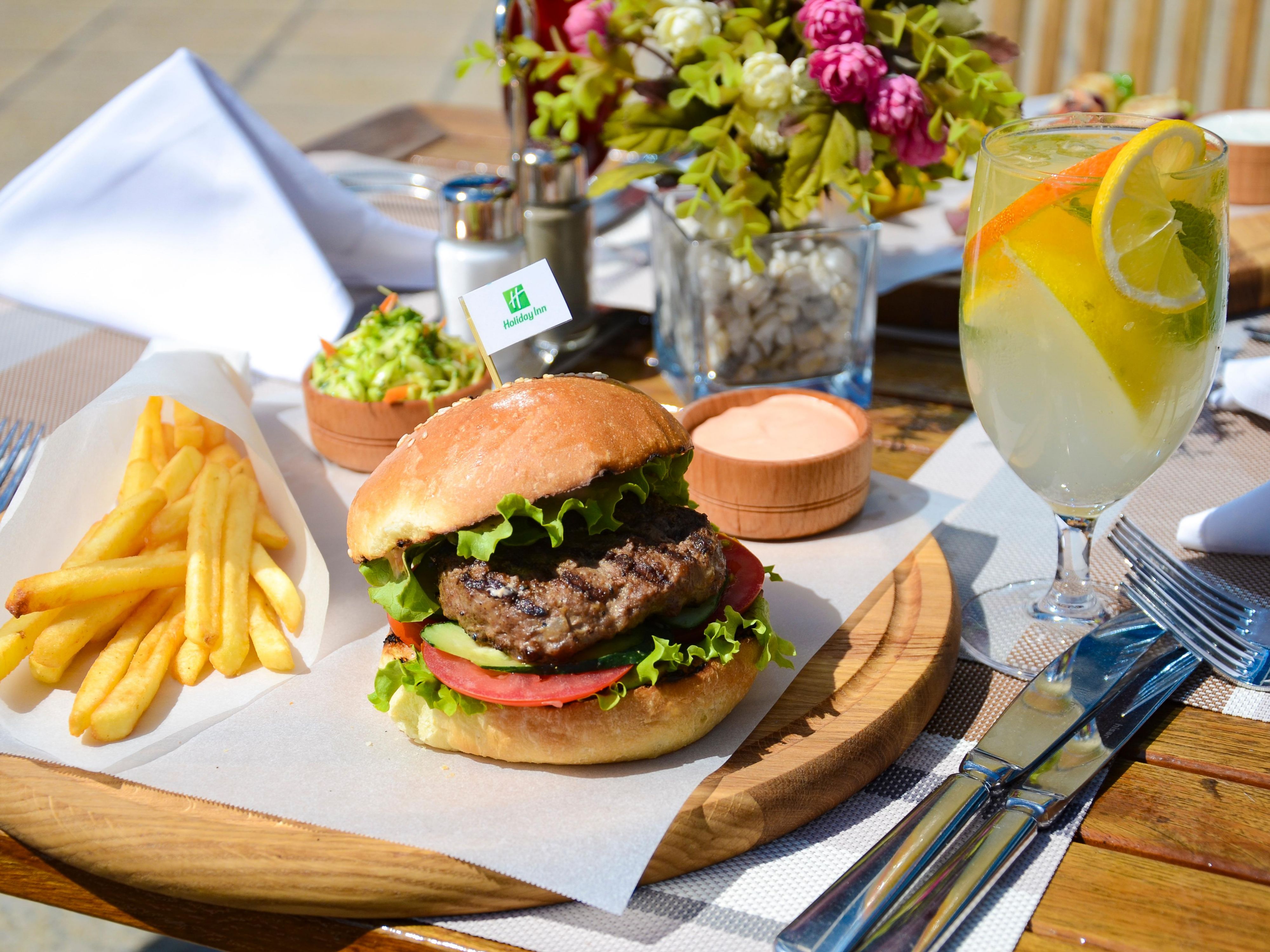 Check out our new menu! Try delicious salads, juicy steaks, Italian pizza and take sandwiches on the road.  Premium food without leaving the hotel.