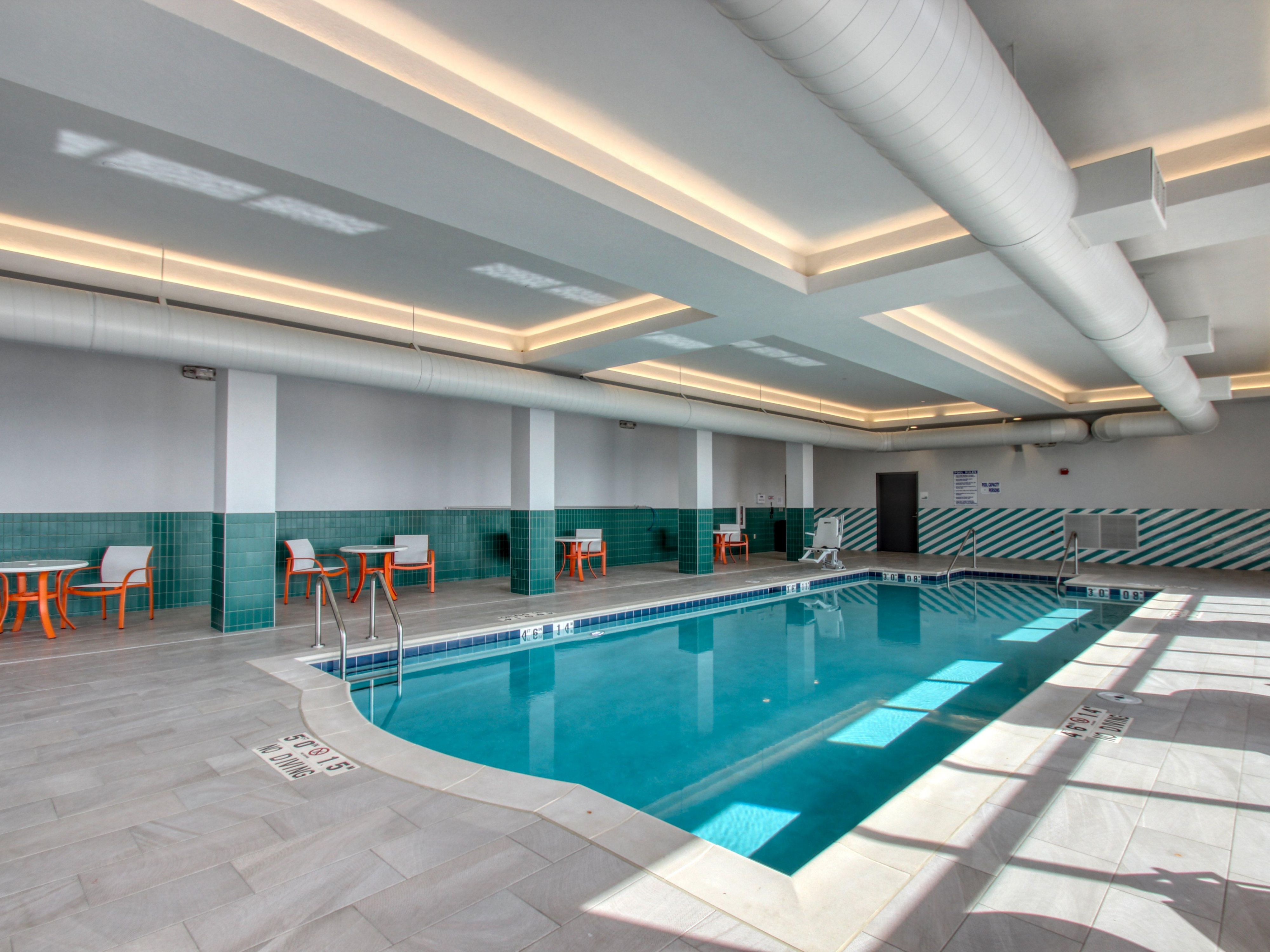 Our bright, spacious indoor pool and whirlpool area is open from 6:00am-10:00pm for your enjoyment. Humans of all ages will enjoy splashing around or exercising in this space. Food is not allowed to help promote a clean and safe environment. Please ensure that those under 18 are accompanied. 

