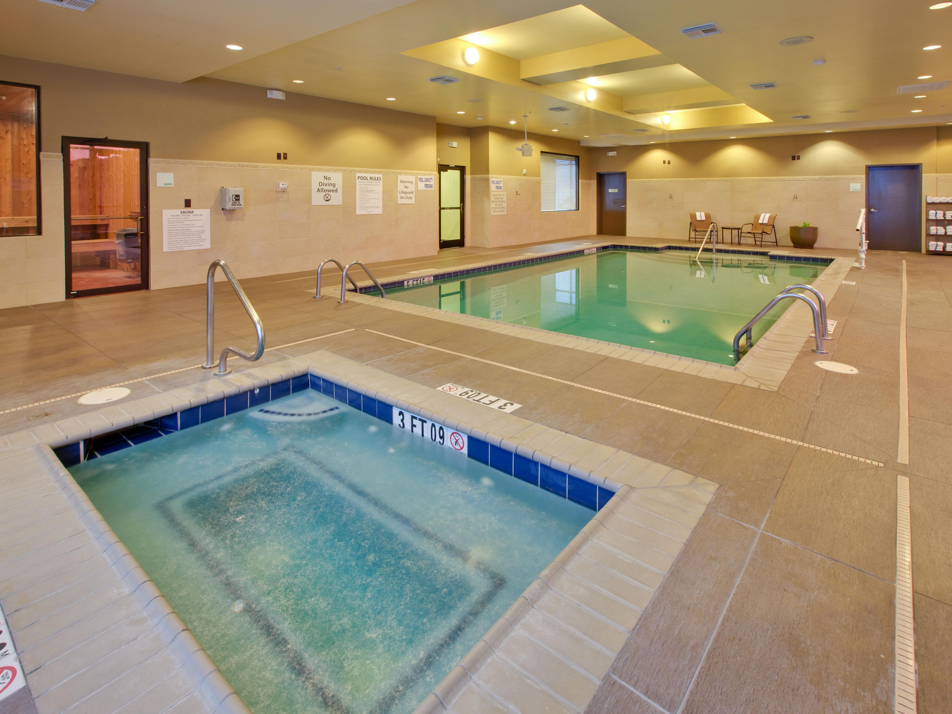 Dive into relaxation and fun at our indoor heated pool, offering year-round excitement. Start your day with invigorating laps or take a refreshing dip in the afternoon. Make a splash or simply glide through the soothing water and enjoy a rejuvenating experience. Pool hours  7:00 AM to 10:00 PM.