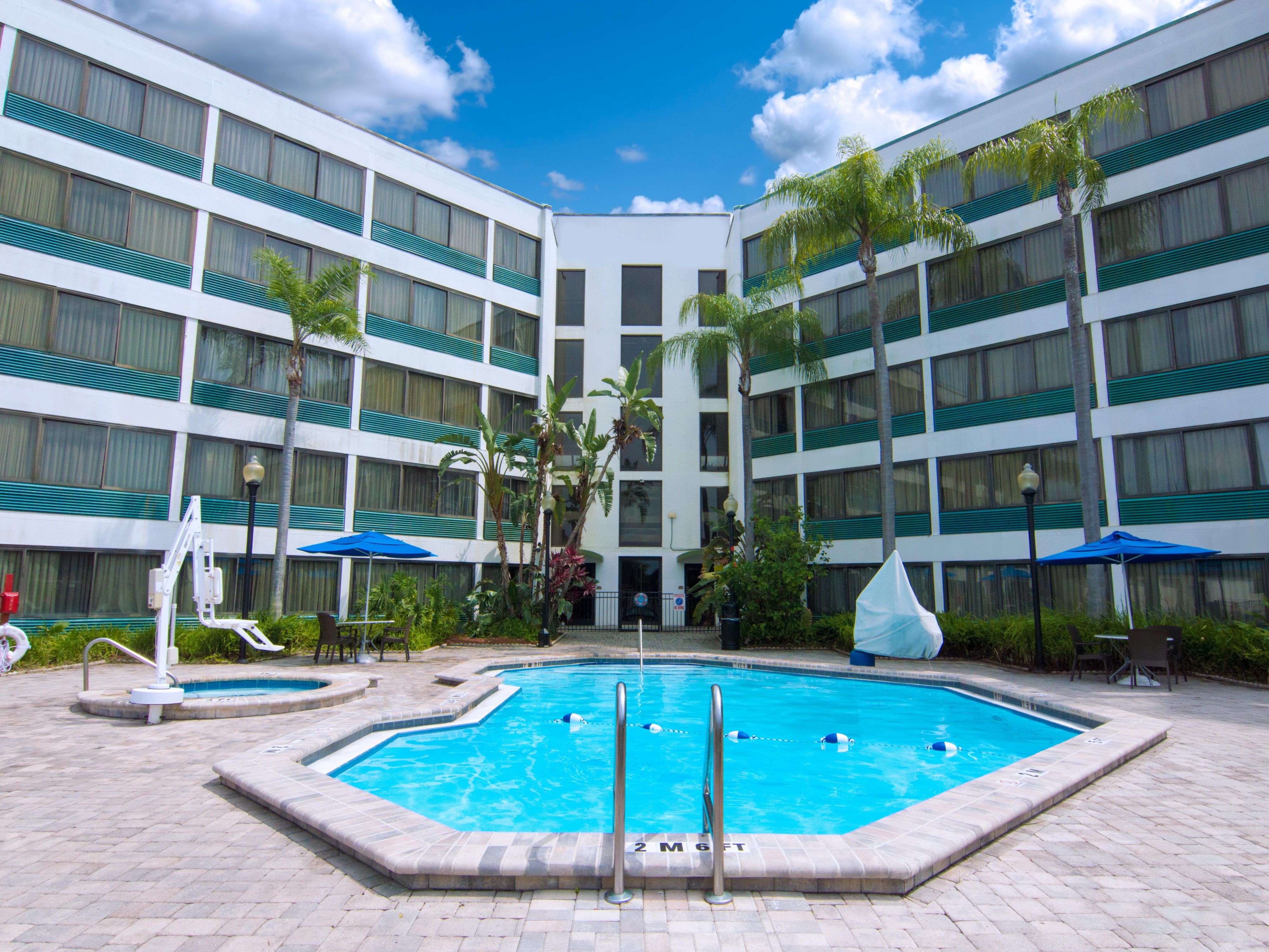 Outdoor pool and jacuzzi, sun deck