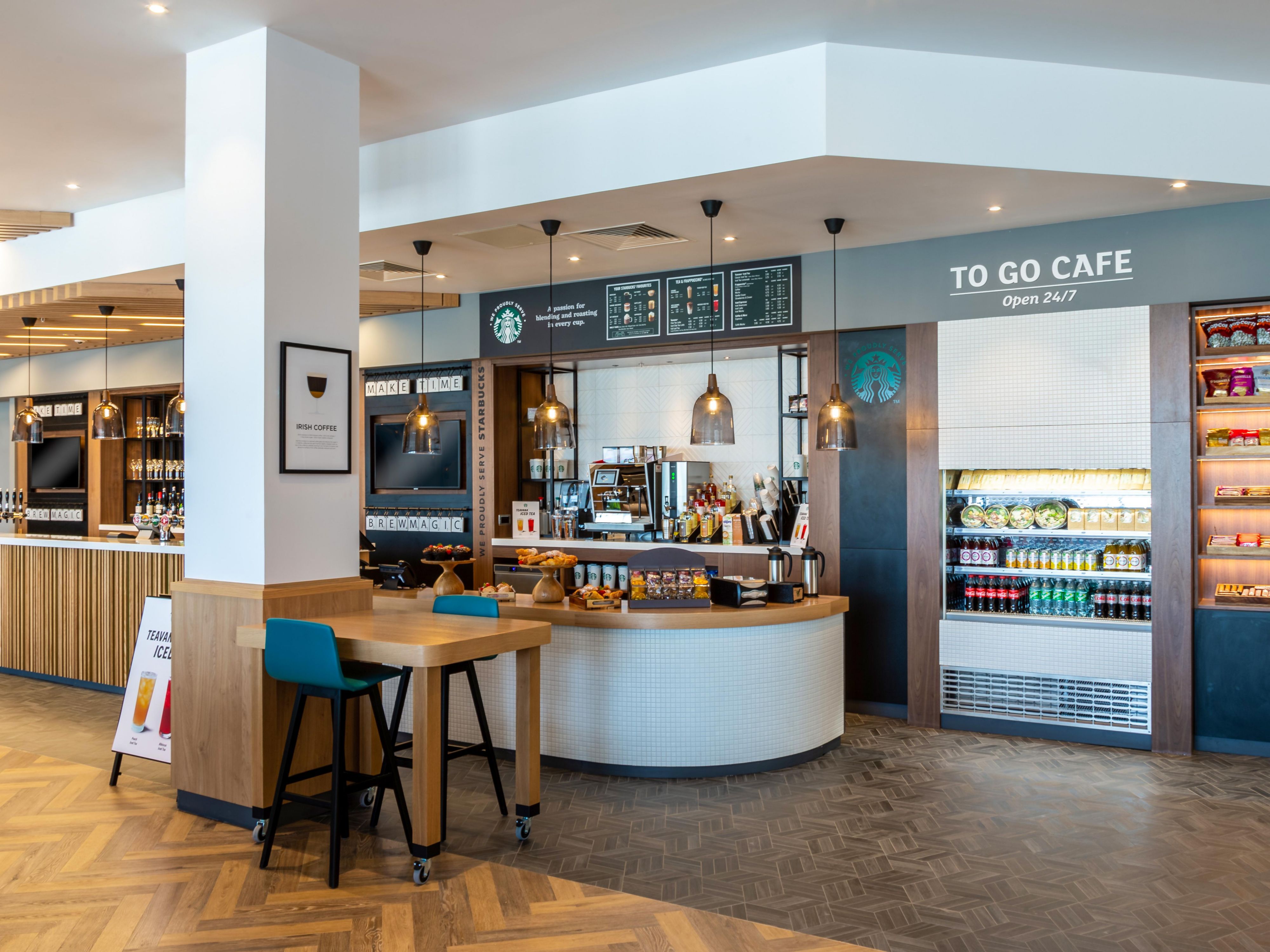 Enjoy a Starbucks coffee at any time day or night, with  a selction of light snacks and treats.