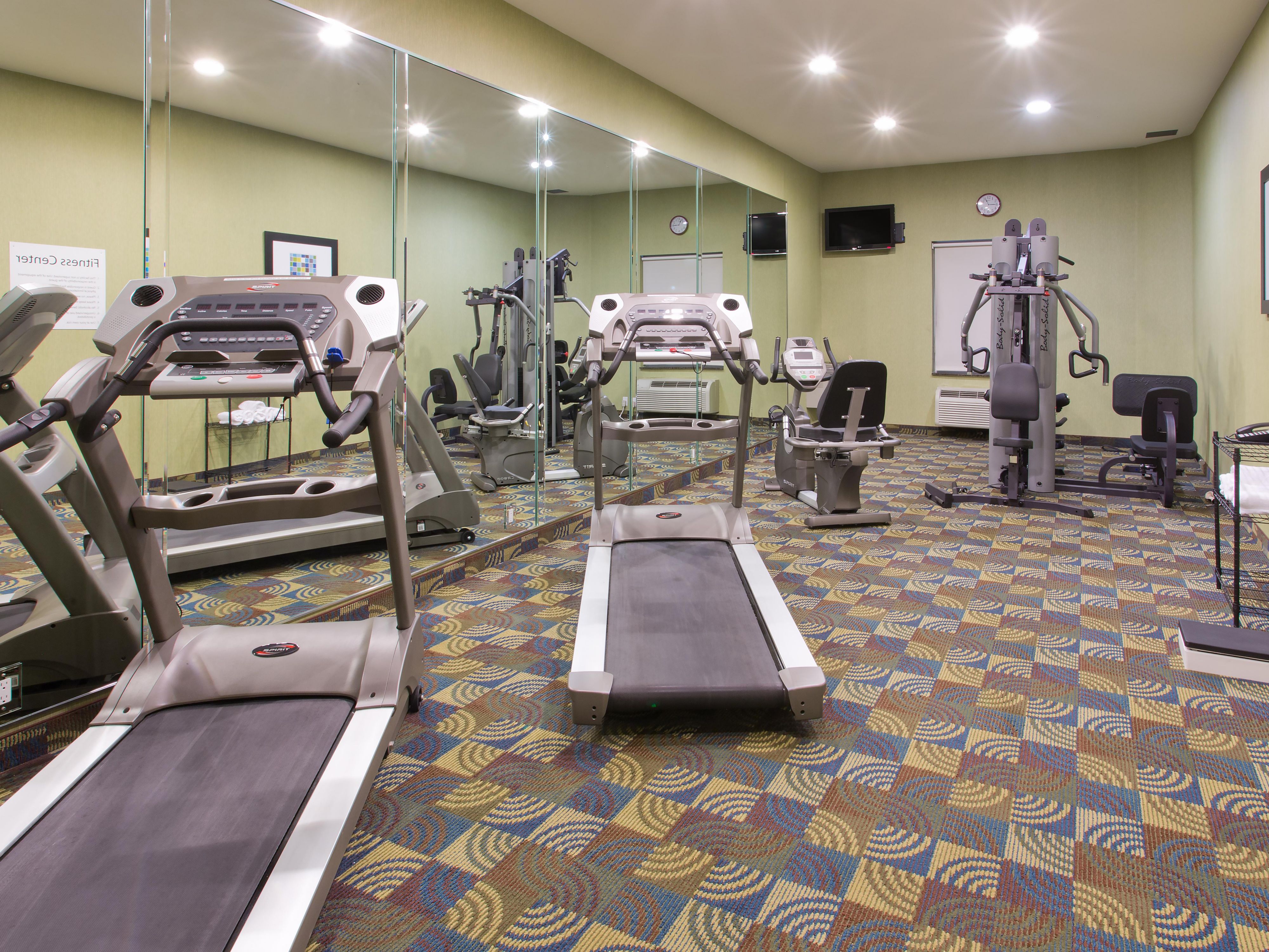 Stay fit while on the go with our recumbent bike, elliptical, treadmill and free weights. Open 24/7