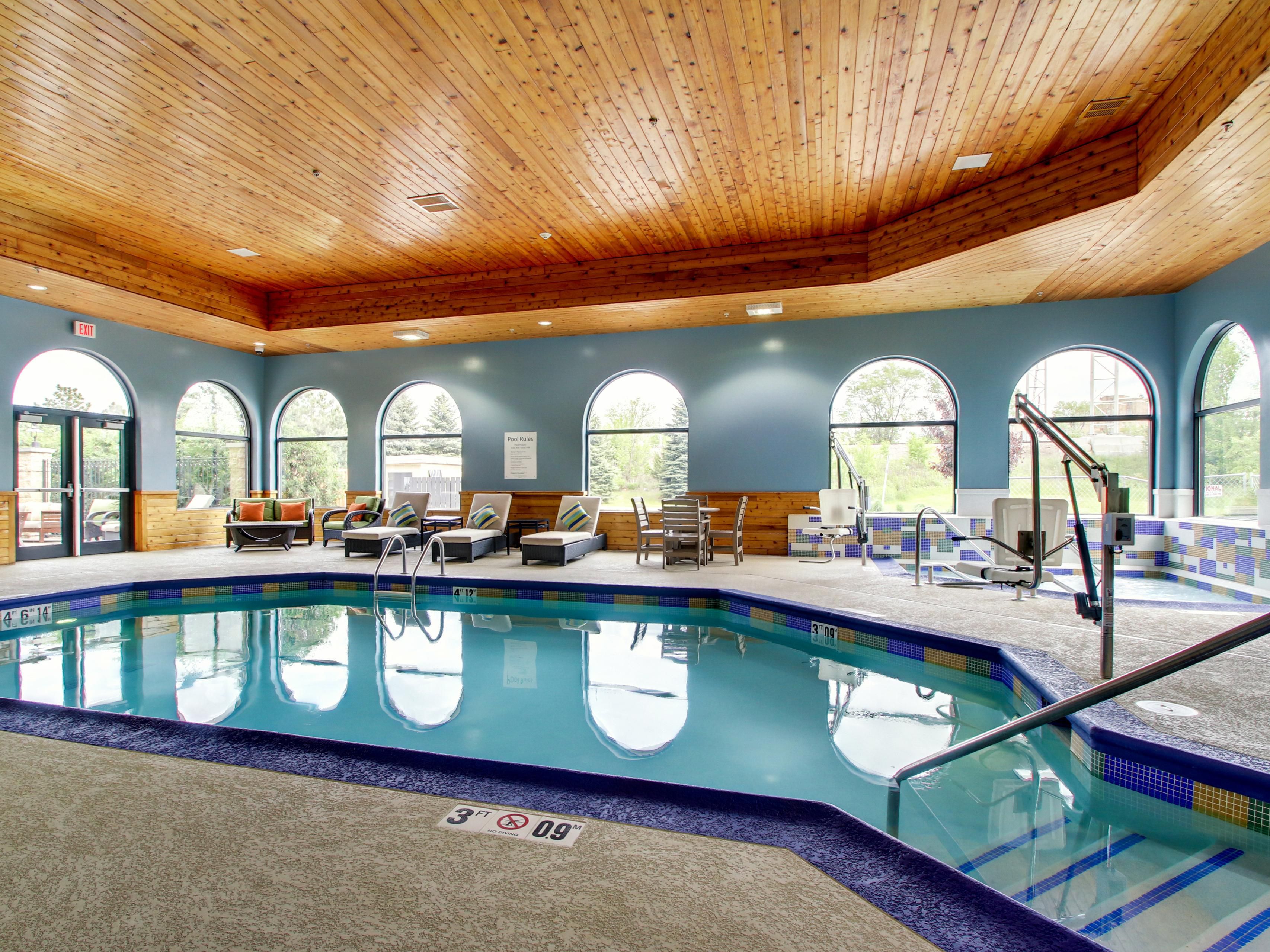 Take a dip in our indoor pool or a soothing soak in our hot tub.