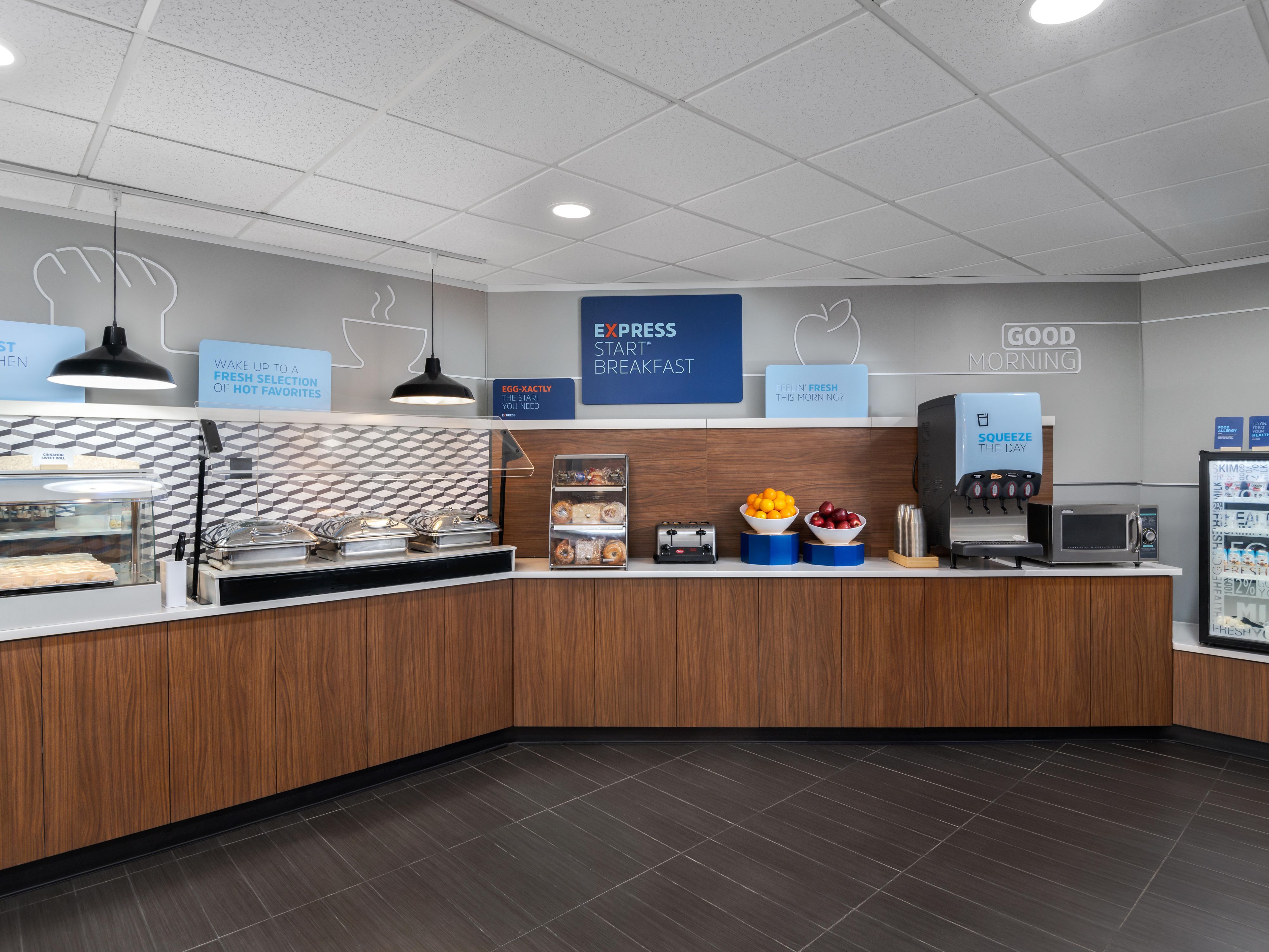 We offer a well-balanced hot breakfast bar. We have all the items our Holiday Inn Express and Suites guests have grown to love. Start your morning off with our famous pancakes or cinnamon rolls. We have different entrees each morning like Scrambled eggs, cheese omelets, veggie omelets, bacon, sausage, and biscuits and gravy along with our bakery.