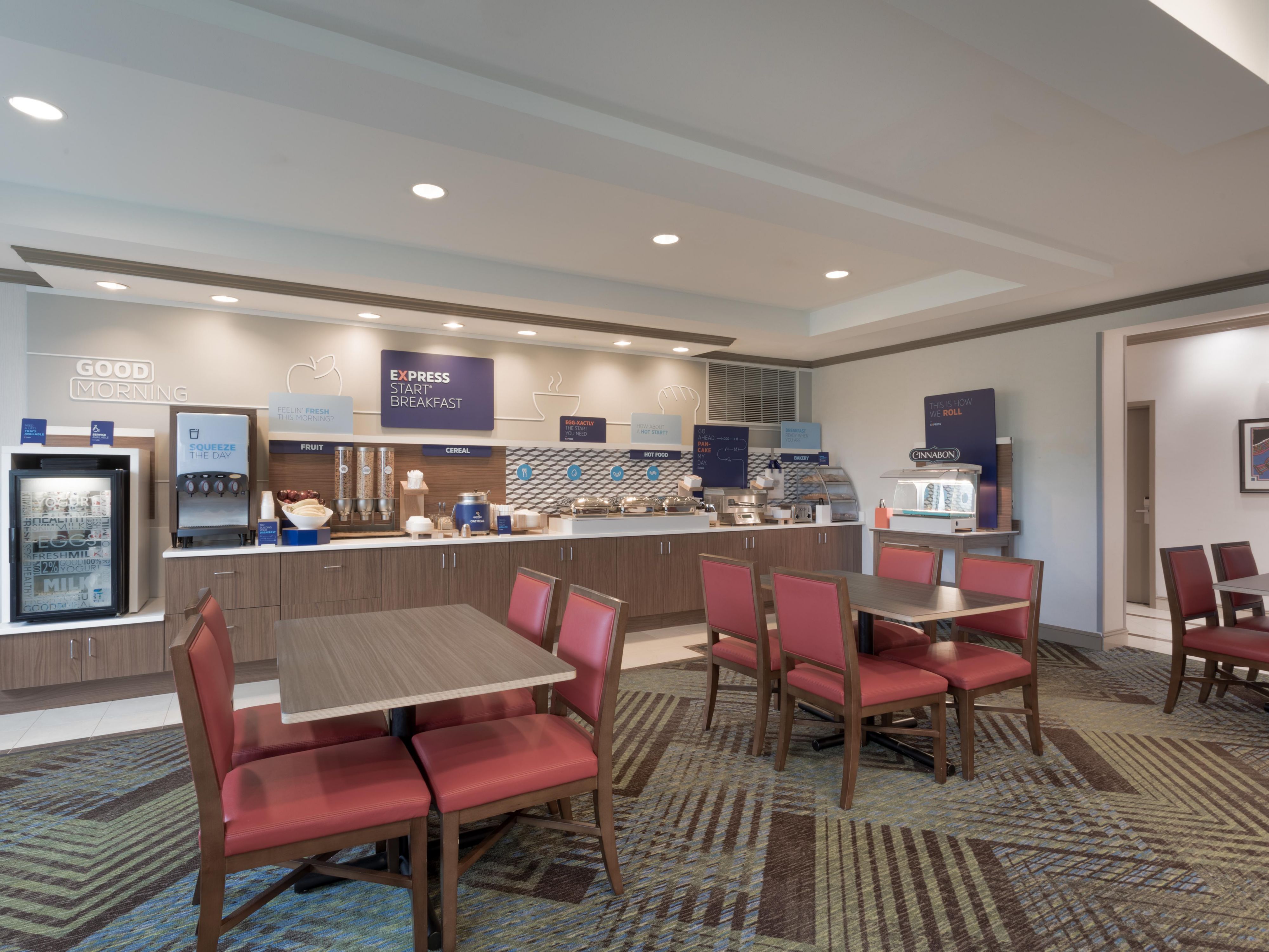 Our hotel features complimentary hot breakfast with a wide variety of options. Continental items fill the buffet daily along with 2-3 hot items. We also have fresh baked cinnamon rolls and a pancake station!