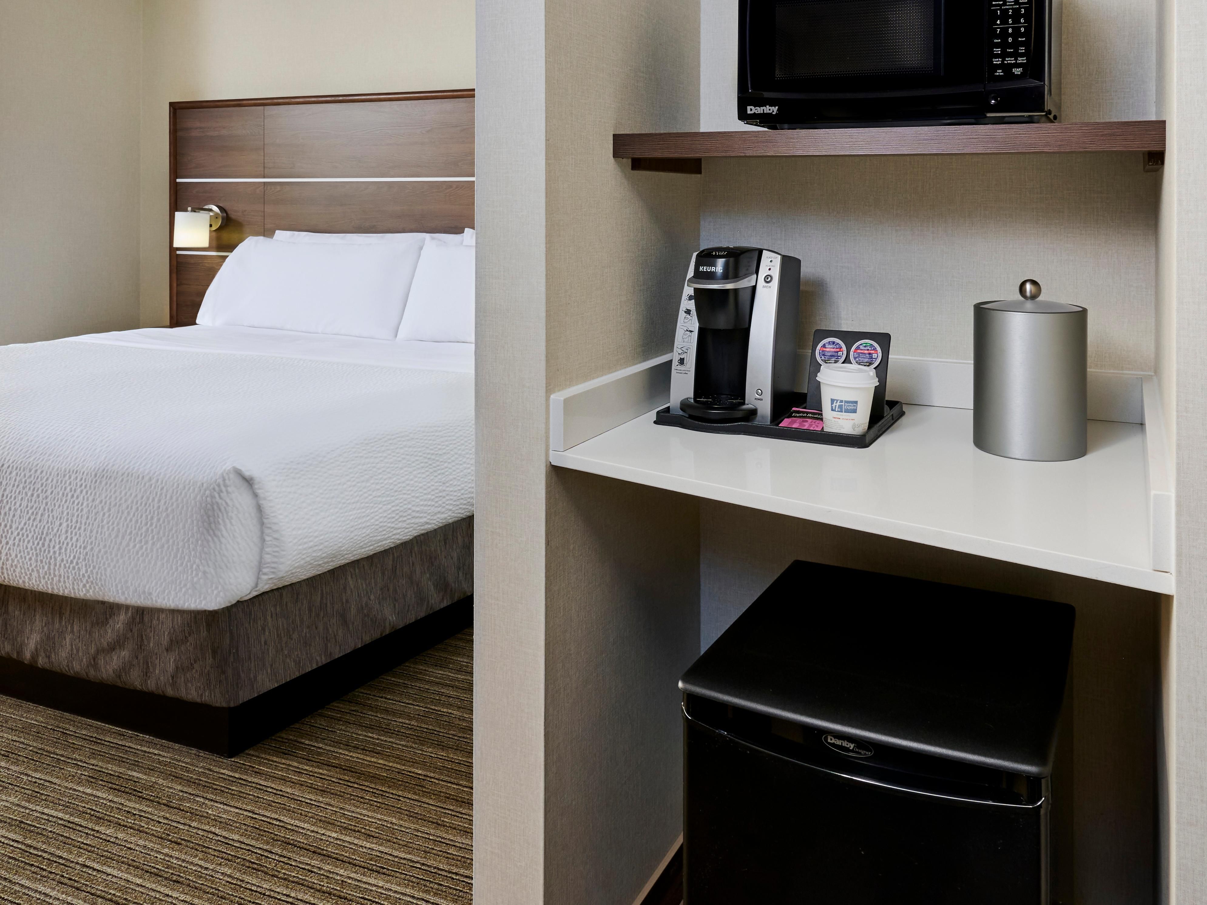 Whether you're warming up a late-night snack, storing your favorite beverages, or enjoying a fresh cup of coffee at your leisure, our amenities are designed to make you feel right at home. Experience the perfect blend of comfort and practicality during your stay with us!