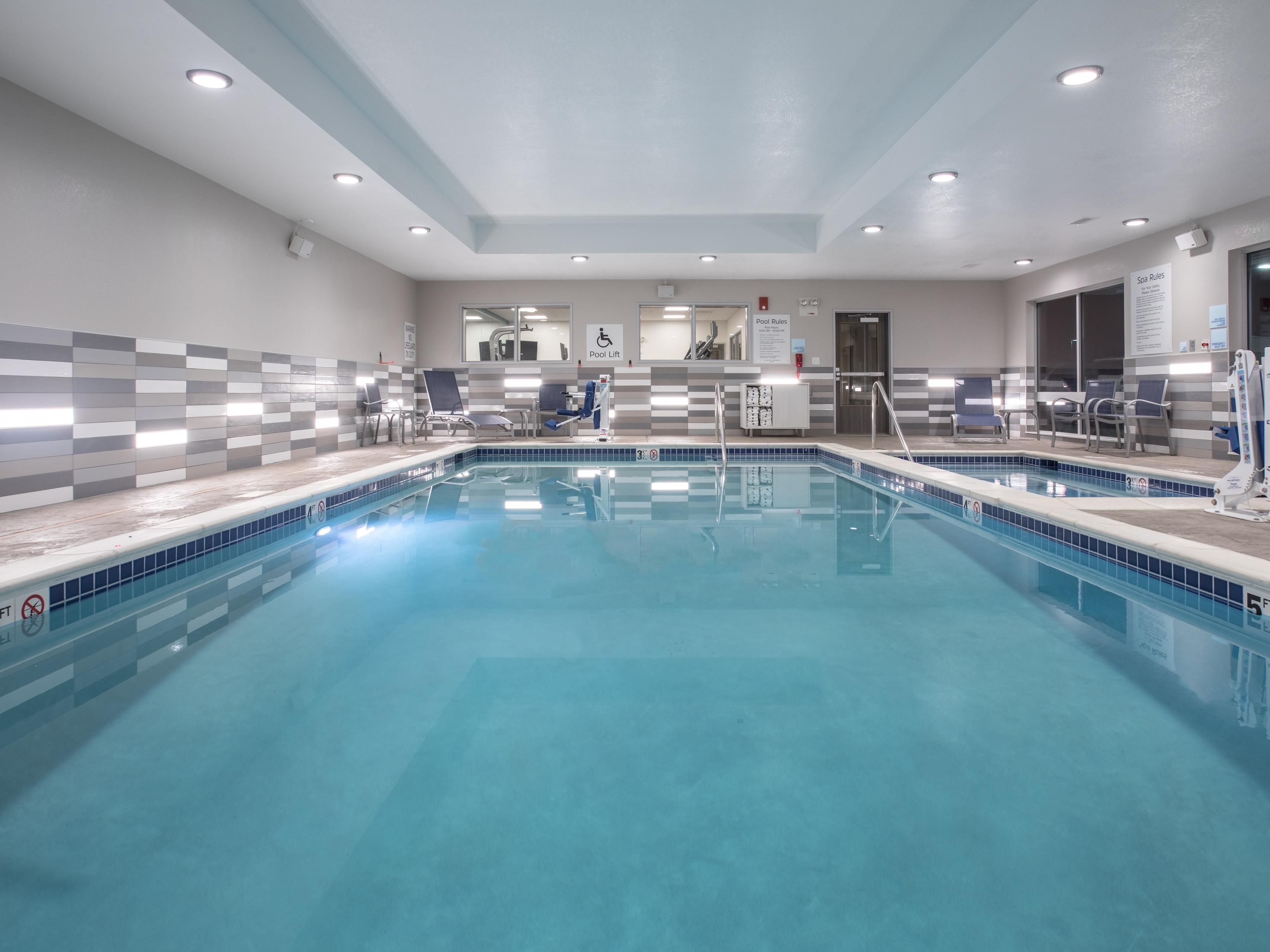 Enjoy the indoor heated pool and relaxing hot tub