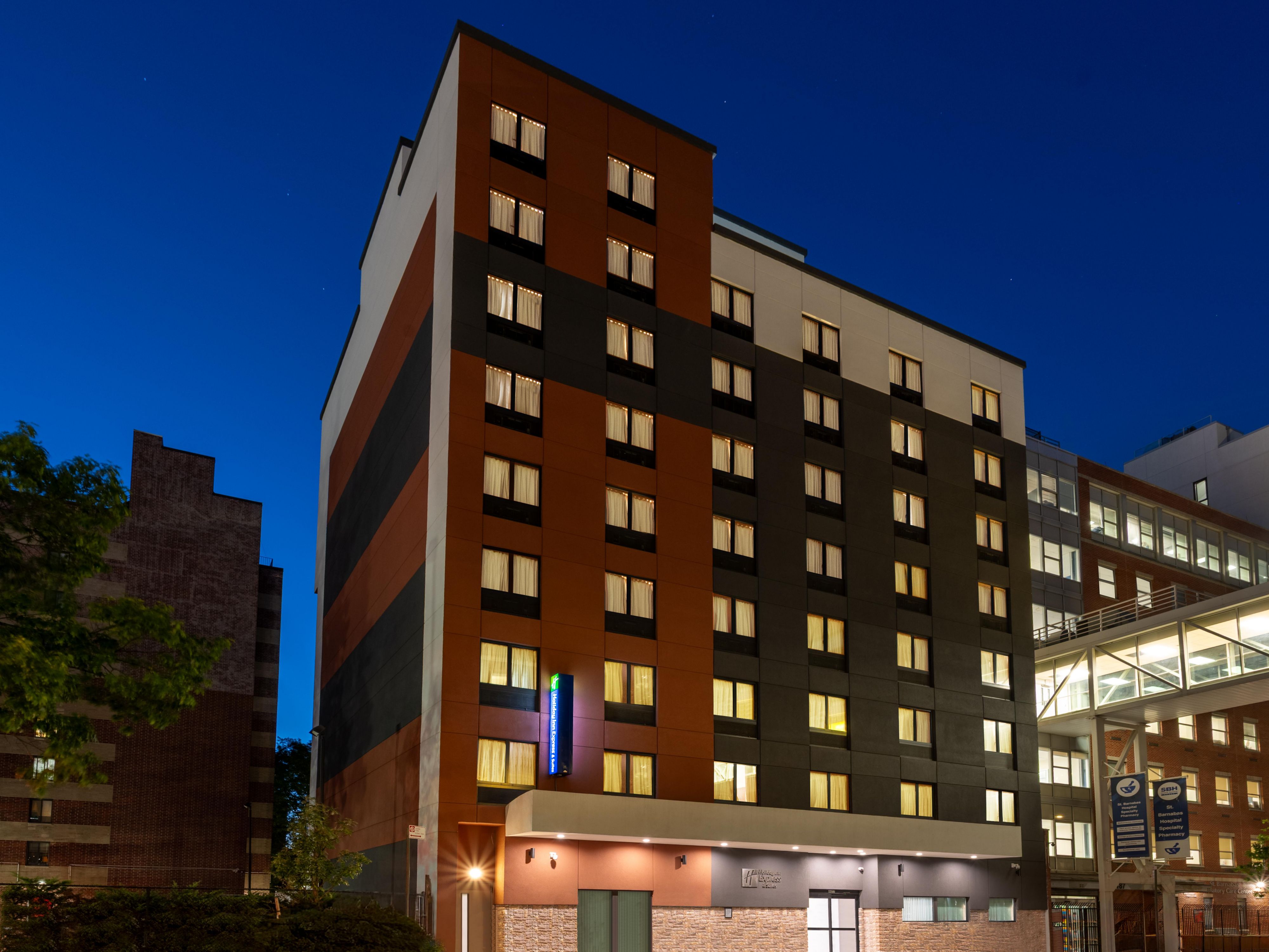 Hotel exterior at dusk