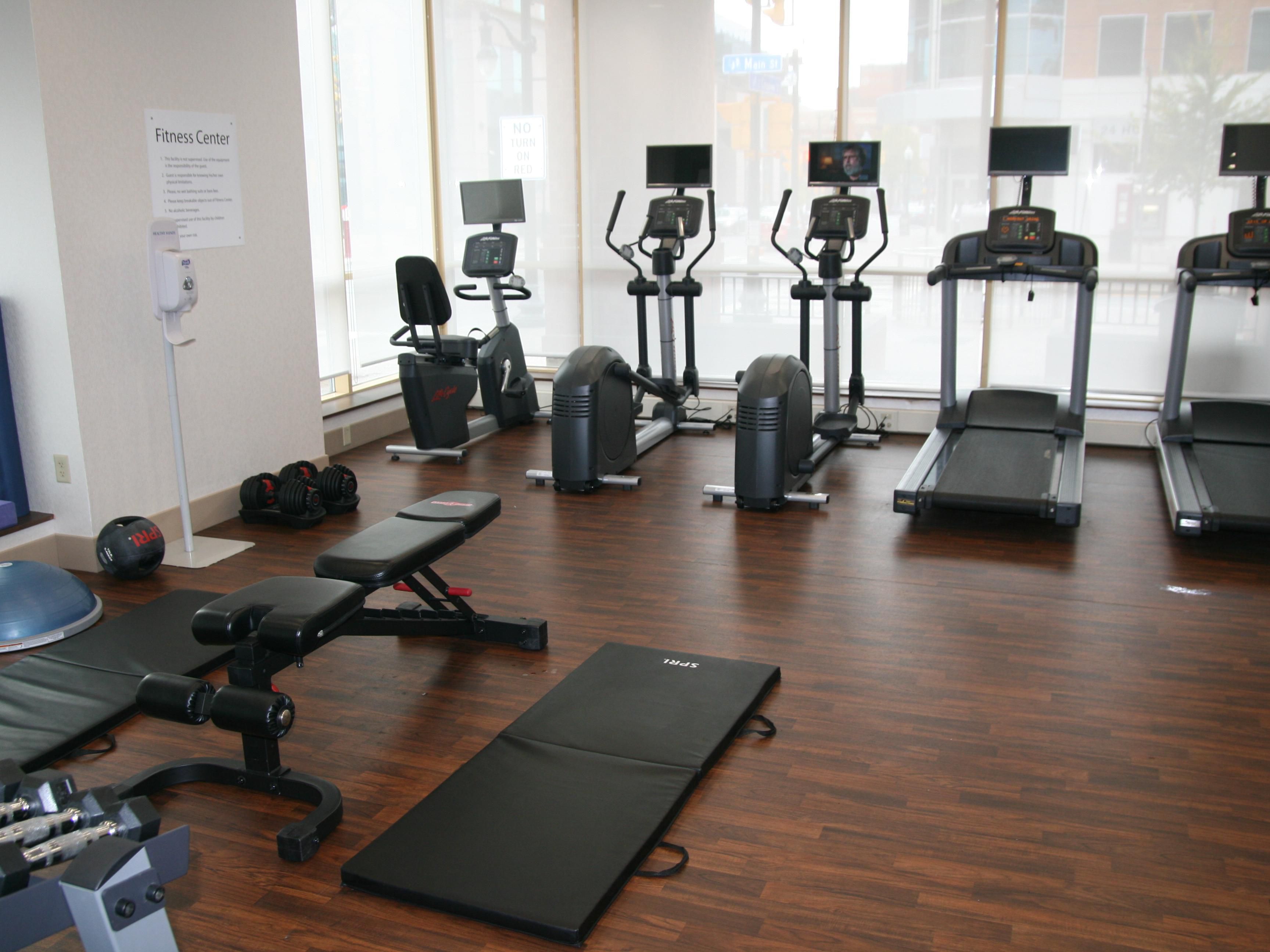 Fitness Center with cardio, free weights, bose ball, stretch bands